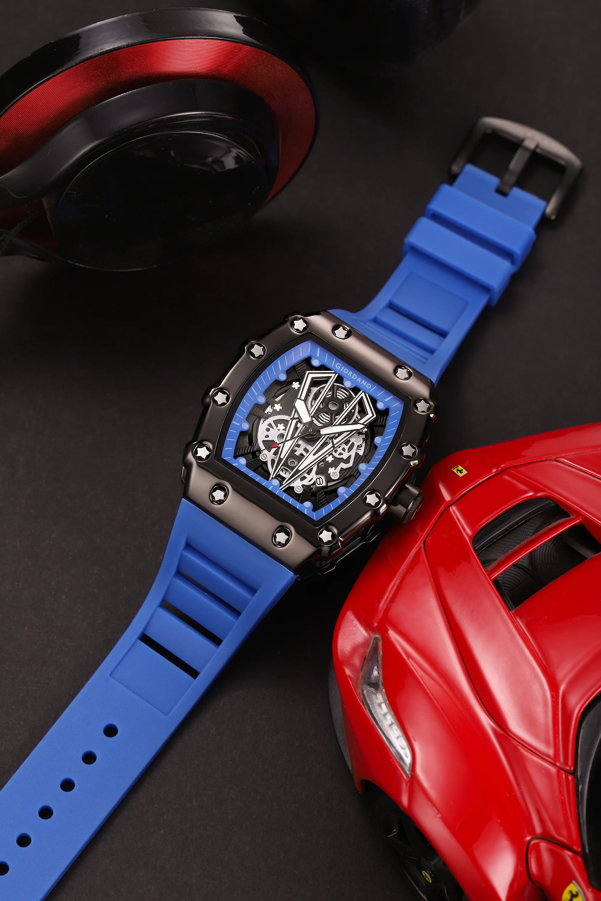 Giordano Analog Quartz Watch for Men with Skeleton Rectangle Black Dial, Date Function, Luminous Hands and Markers, Blue Silicone Strap - GZ-50237-44 - Image 3
