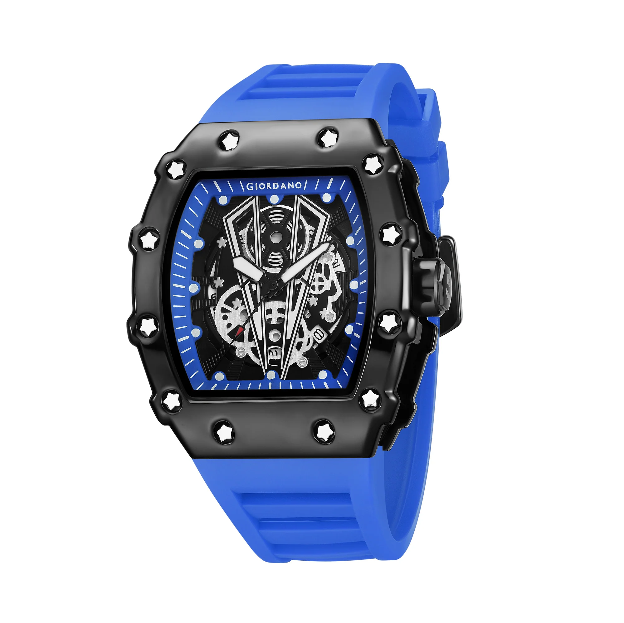 Giordano Analog Quartz Watch for Men with Skeleton Rectangle Black Dial, Date Function, Luminous Hands and Markers, Blue Silicone Strap - GZ-50237-44 - Image 5