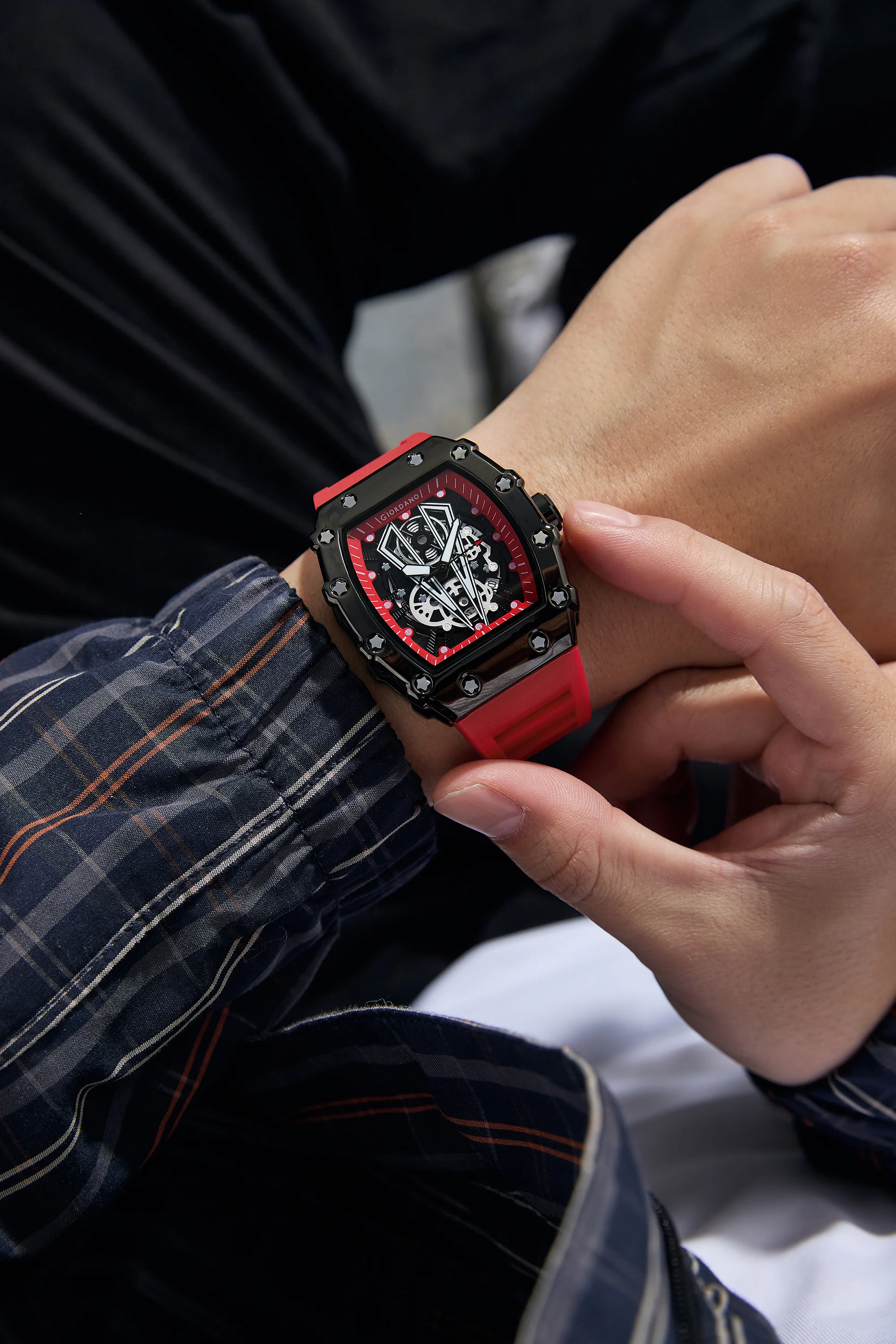 Giordano Analog Quartz Watch for Men with Skeleton Rectangle Black Dial, Date Function, Luminous Hands and Markers, Red Silicone Strap - GZ-50237-33 - Image 2