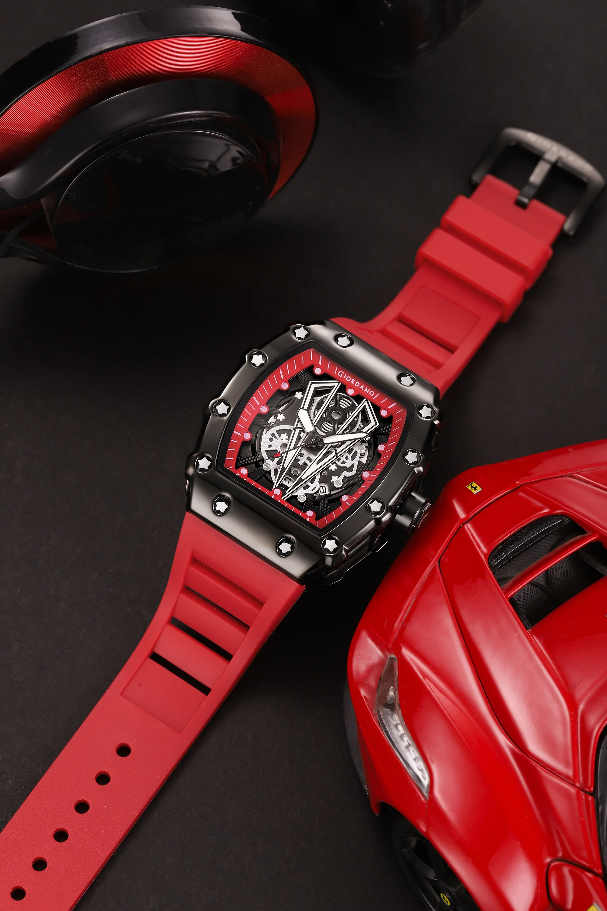 Giordano Analog Quartz Watch for Men with Skeleton Rectangle Black Dial, Date Function, Luminous Hands and Markers, Red Silicone Strap - GZ-50237-33 - Image 3