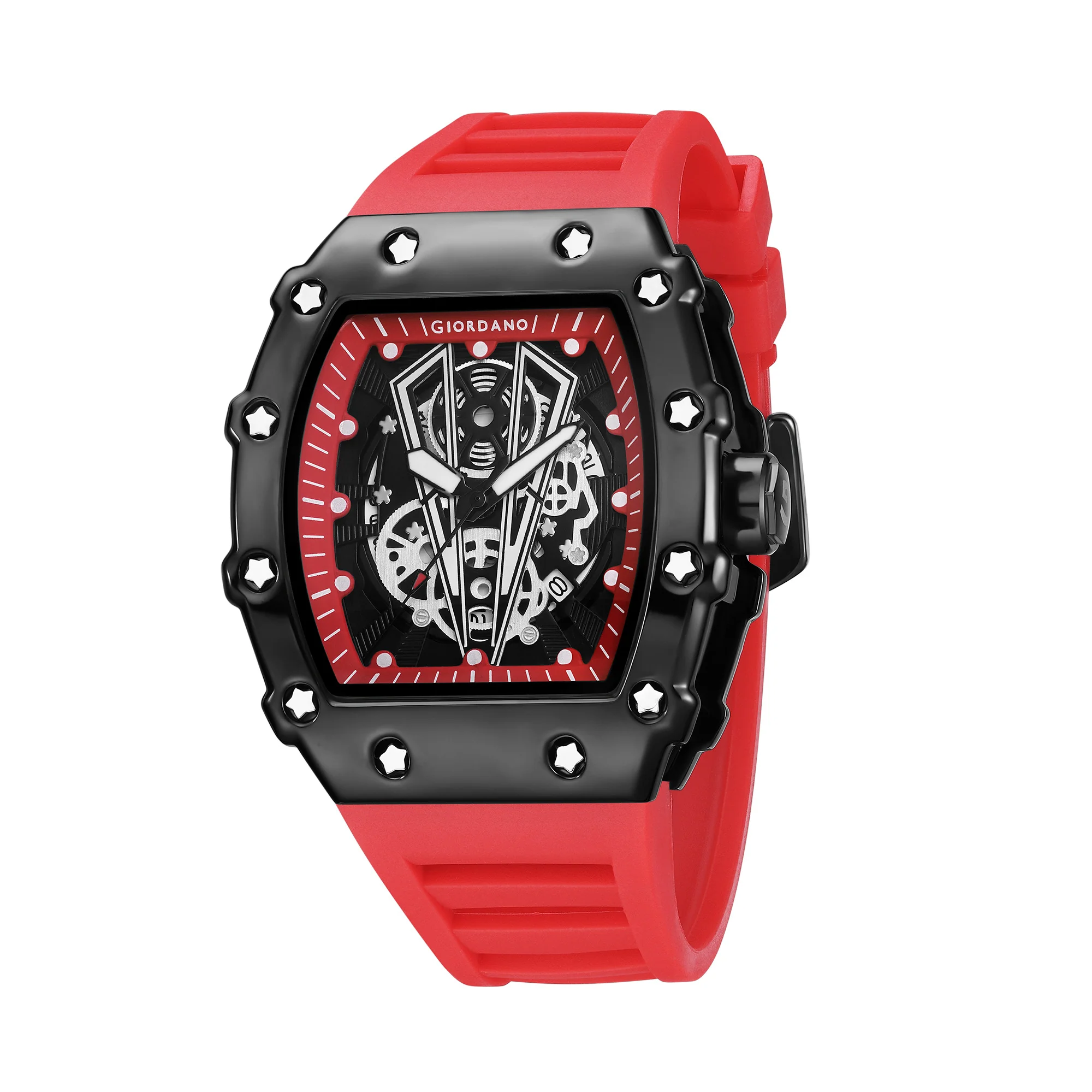 Giordano Analog Quartz Watch for Men with Skeleton Rectangle Black Dial, Date Function, Luminous Hands and Markers, Red Silicone Strap - GZ-50237-33 - Image 5