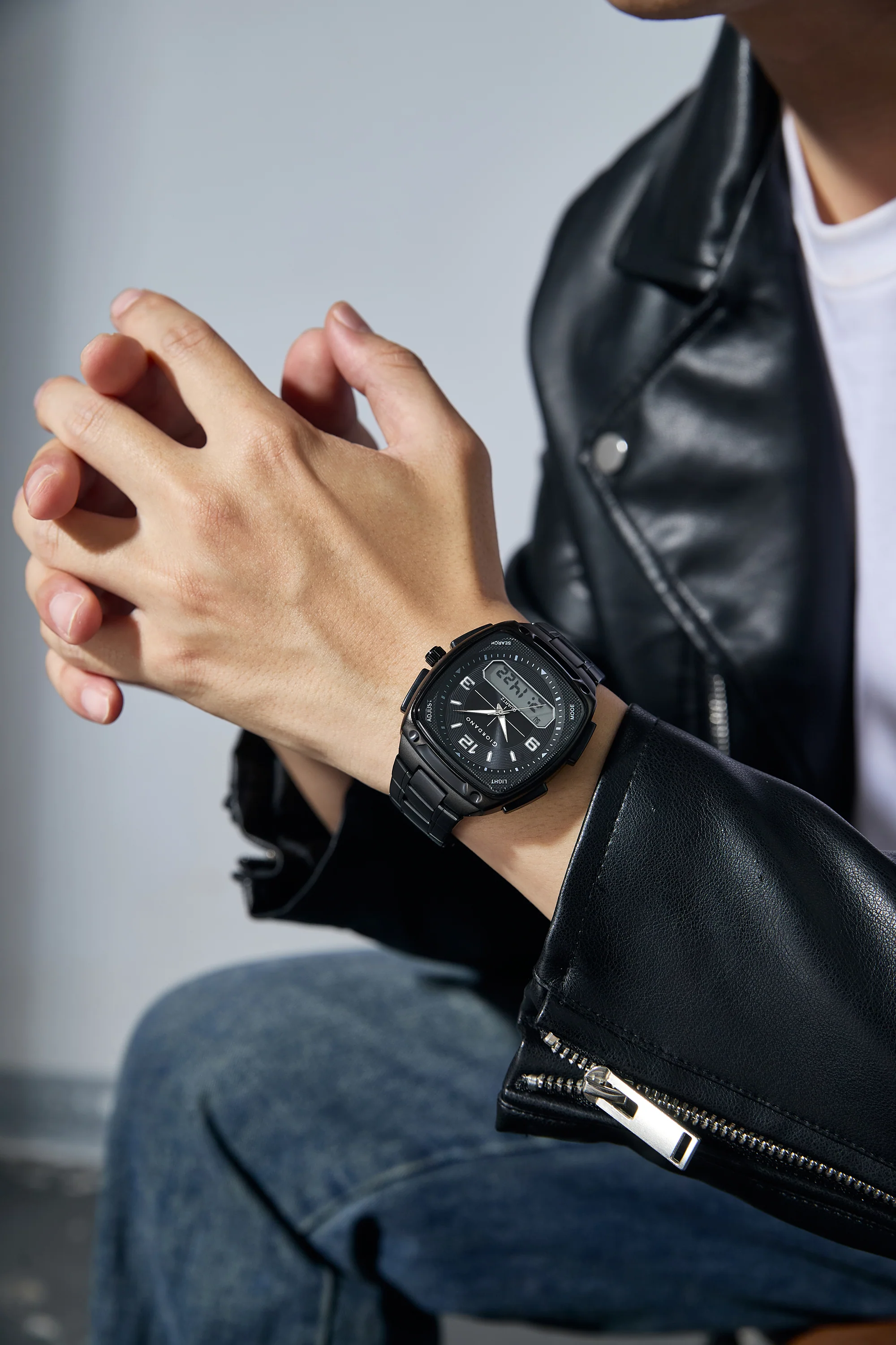 Giordano Analog Quartz Watch for Men with Texured Square Black Dial, Date and Day Function, Luminous Hands and Hour Markers, Black Stainless Steel Strap - GZ-50223-11 - Image 2