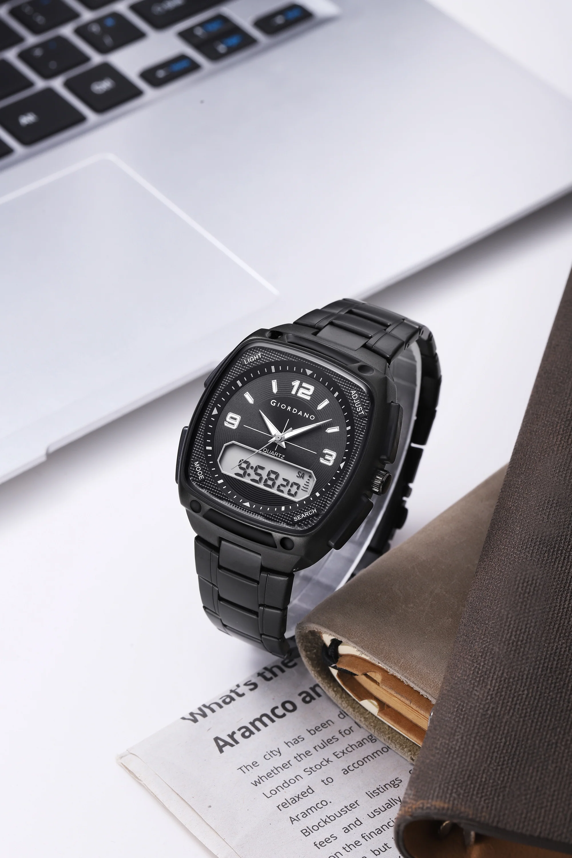 Giordano Analog Quartz Watch for Men with Texured Square Black Dial, Date and Day Function, Luminous Hands and Hour Markers, Black Stainless Steel Strap - GZ-50223-11 - Image 3