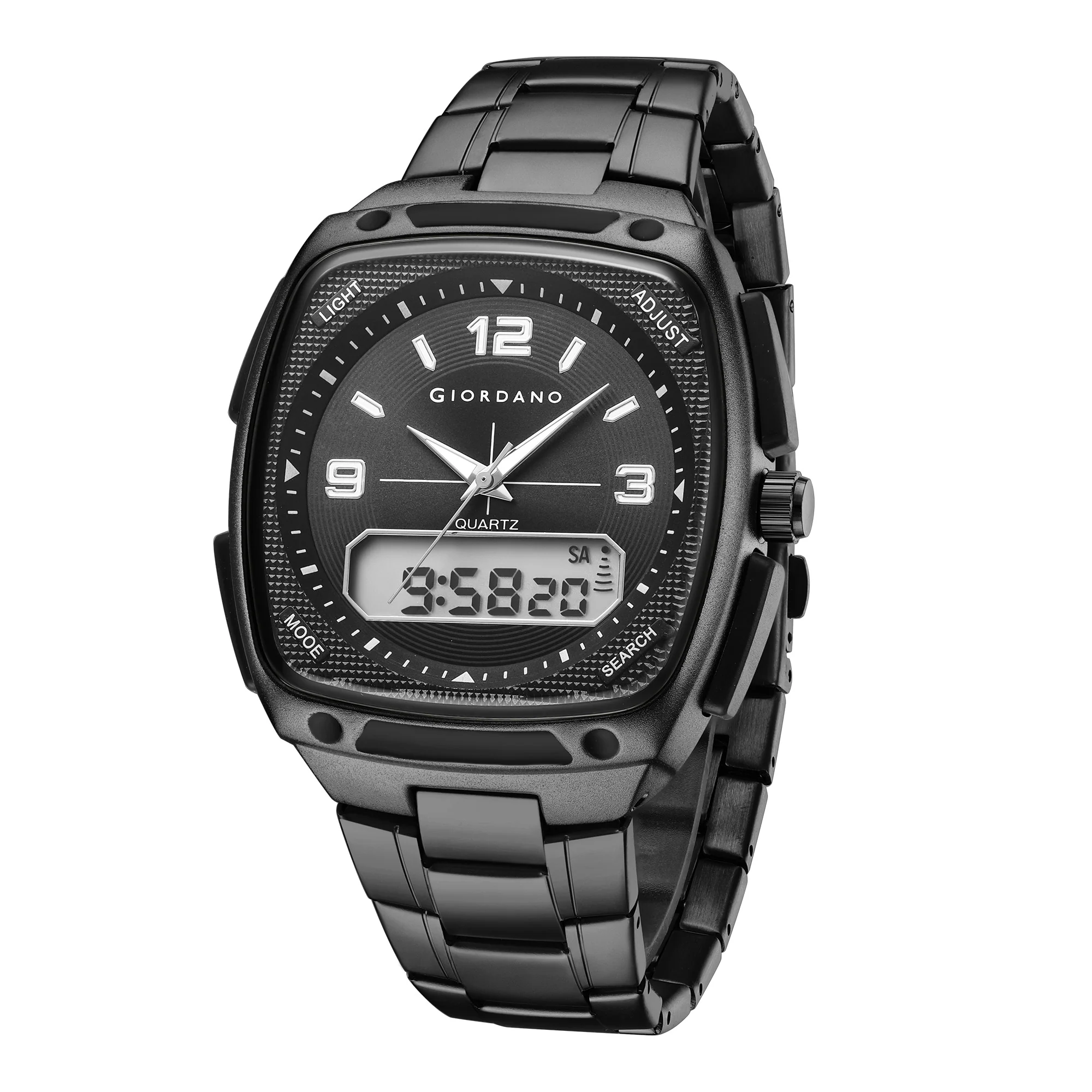 Giordano Analog Quartz Watch for Men with Texured Square Black Dial, Date and Day Function, Luminous Hands and Hour Markers, Black Stainless Steel Strap - GZ-50223-11 - Image 5
