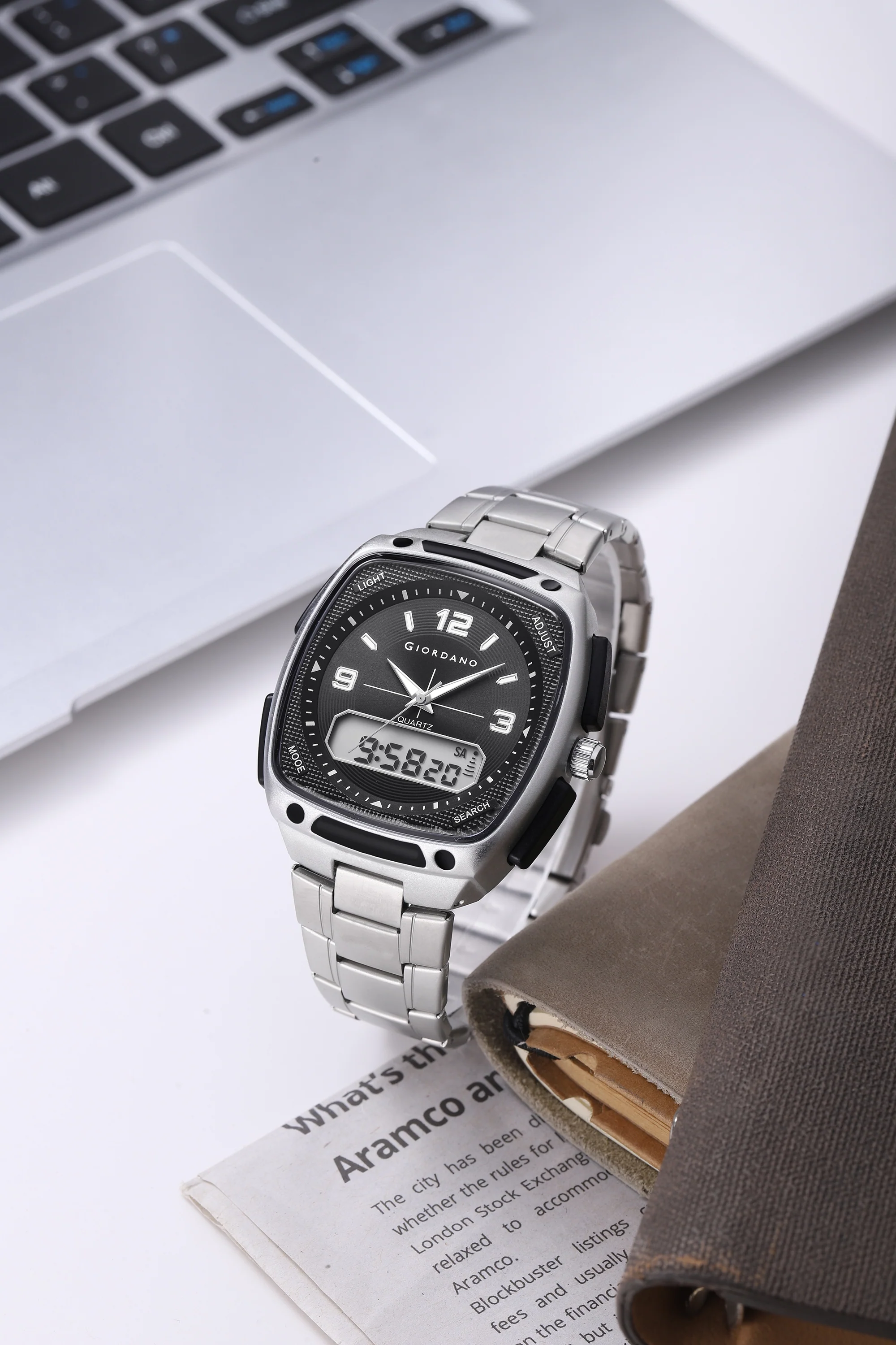 Giordano Analog Quartz Watch for Men with Texured Square Black Dial, Date and Day Function, Luminous Hands and Hour Markers, Silver Stainless Steel Strap - GZ-50223-22 - Image 3