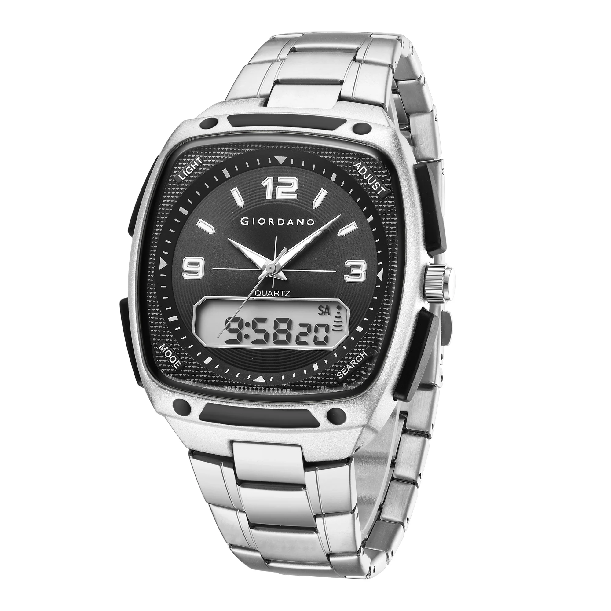 Giordano Analog Quartz Watch for Men with Texured Square Black Dial, Date and Day Function, Luminous Hands and Hour Markers, Silver Stainless Steel Strap - GZ-50223-22 - Image 5