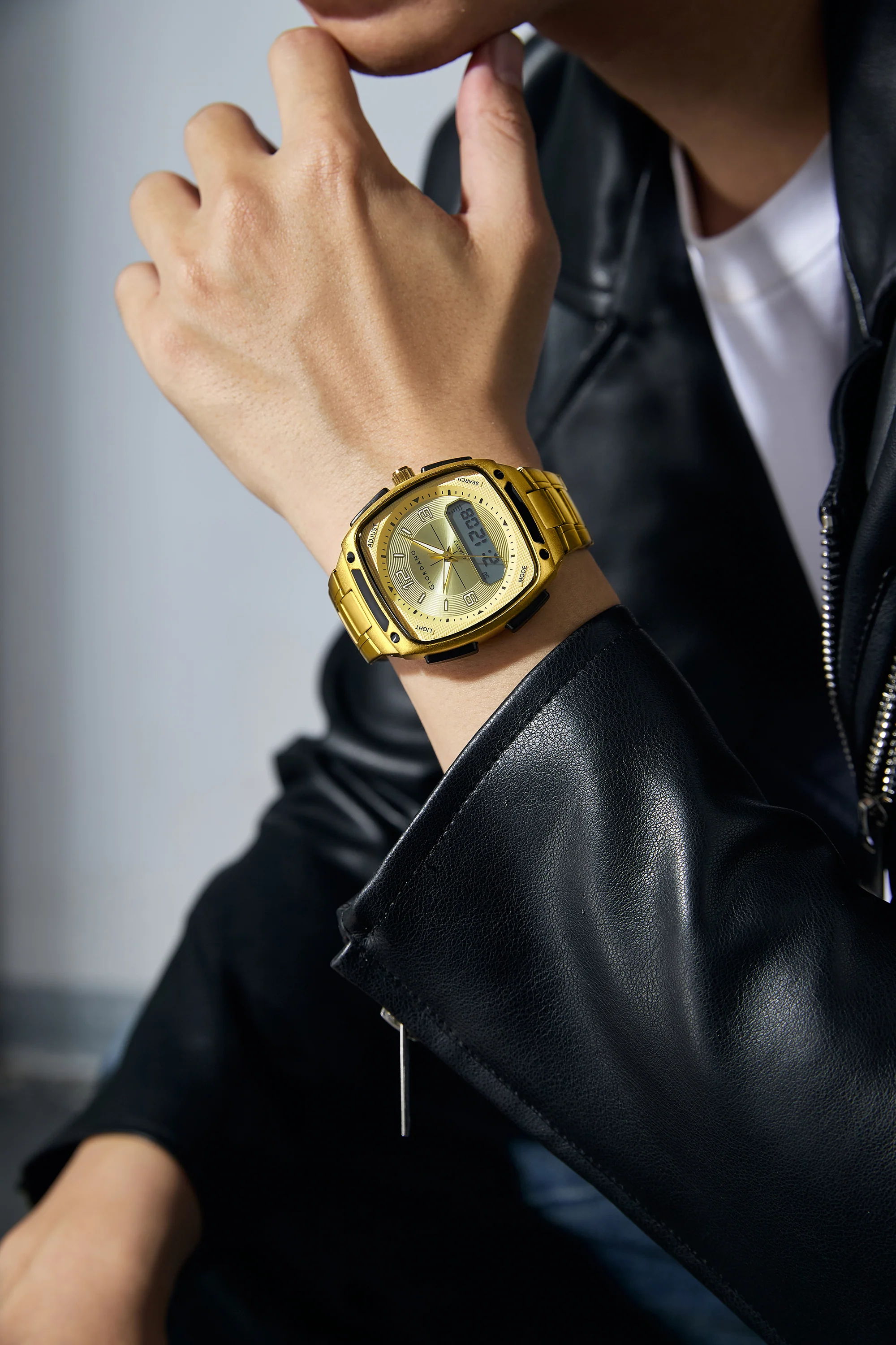 Giordano Analog Quartz Watch for Men with Texured Square Gold Dial, Date and Day Function, Luminous Hands and Hour Markers, Gold Stainless Steel Strap - GZ-50223-44 - Image 2