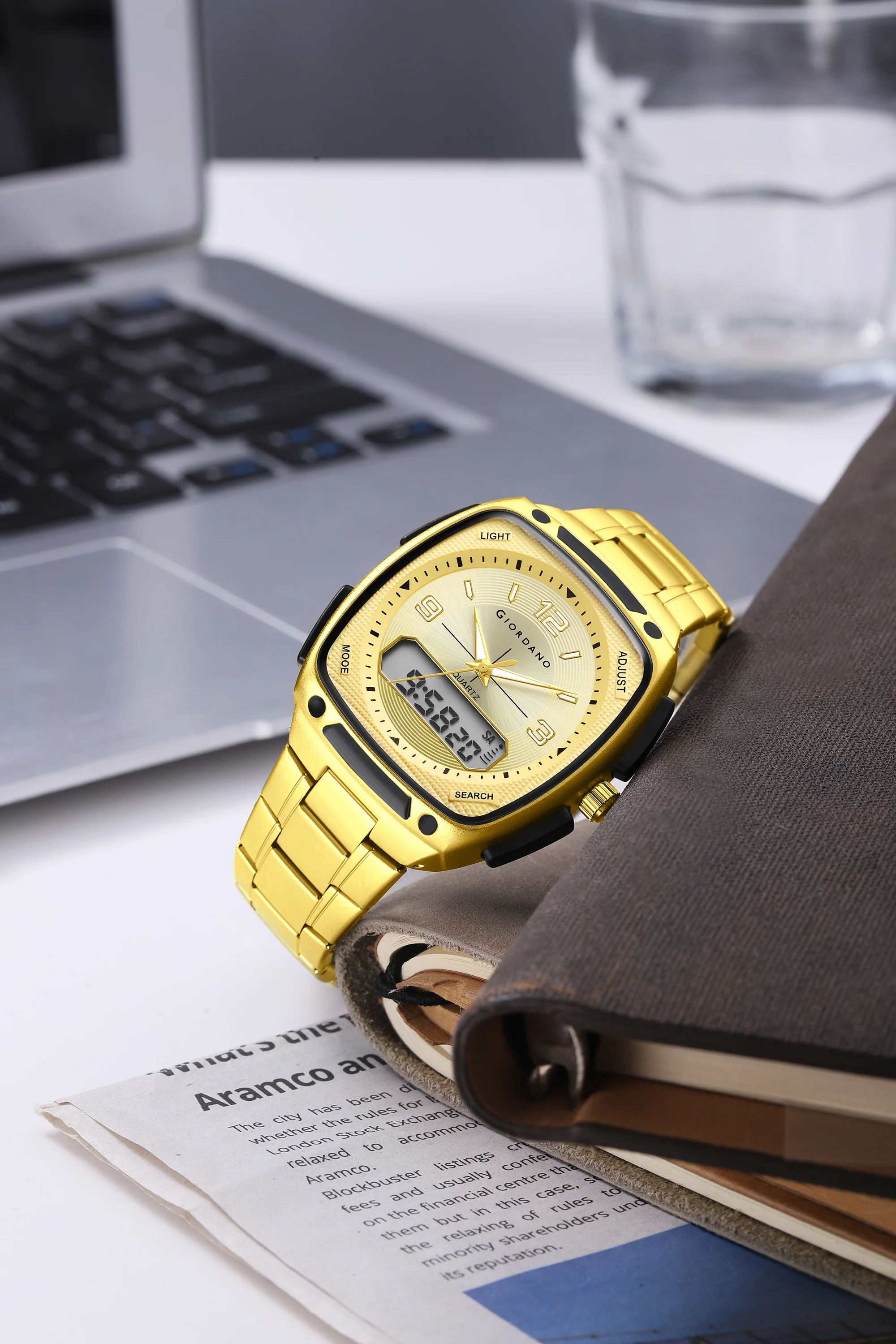 Giordano Analog Quartz Watch for Men with Texured Square Gold Dial, Date and Day Function, Luminous Hands and Hour Markers, Gold Stainless Steel Strap - GZ-50223-44 - Image 3
