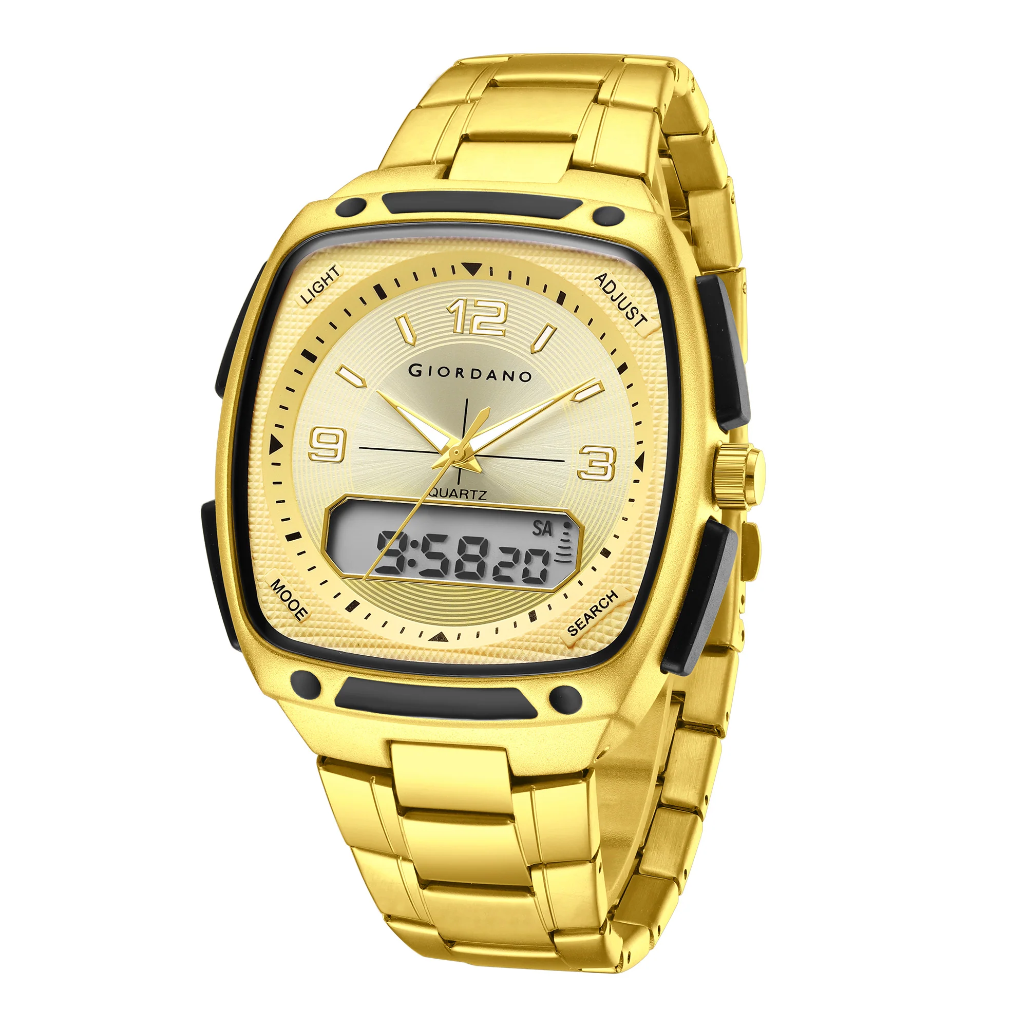 Giordano Analog Quartz Watch for Men with Texured Square Gold Dial, Date and Day Function, Luminous Hands and Hour Markers, Gold Stainless Steel Strap - GZ-50223-44 - Image 5