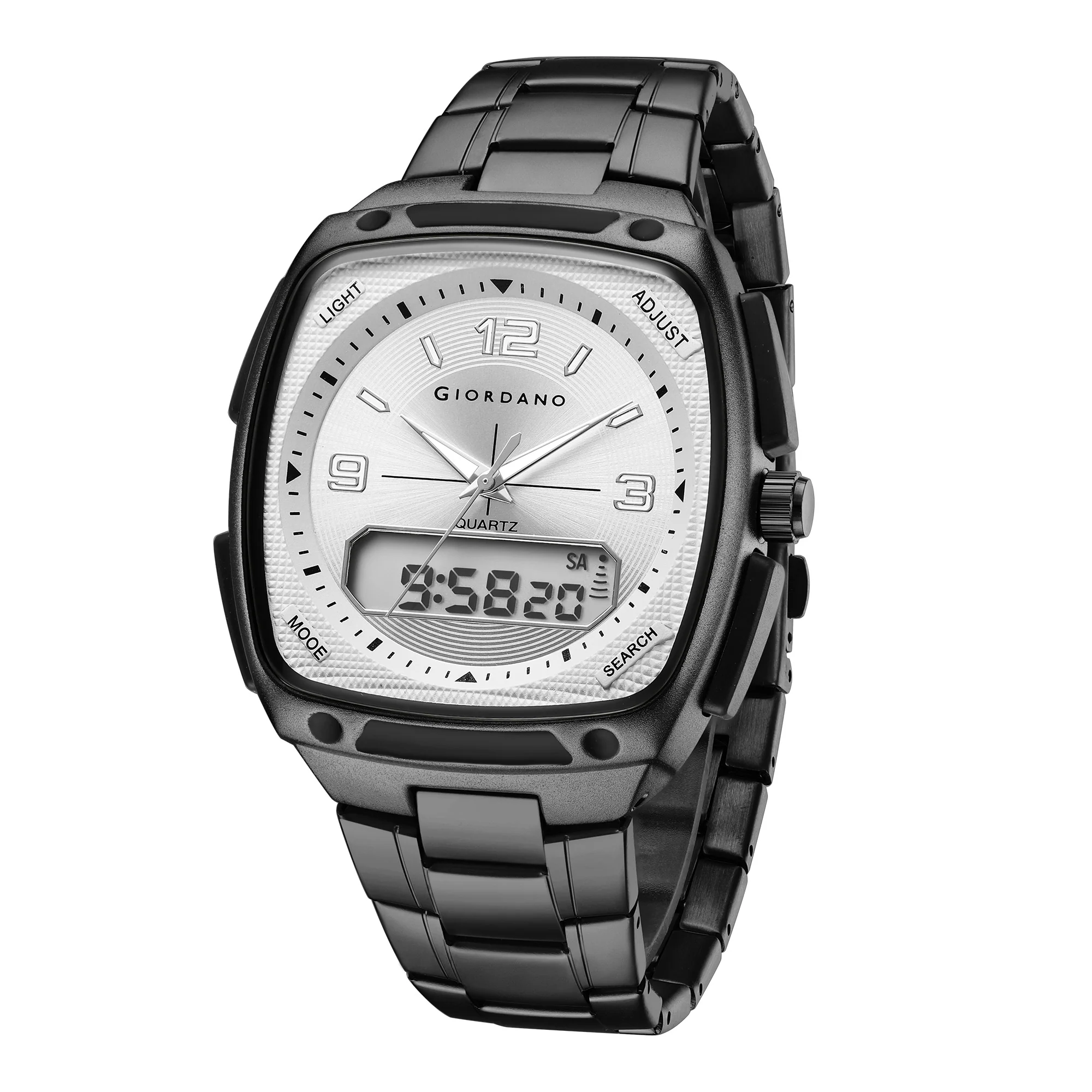 Giordano Analog Quartz Watch for Men with Texured Square White Dial, Date and Day Function, Luminous Hands and Hour Markers, Black Stainless Steel Strap - GZ-50223-55 - Image 5