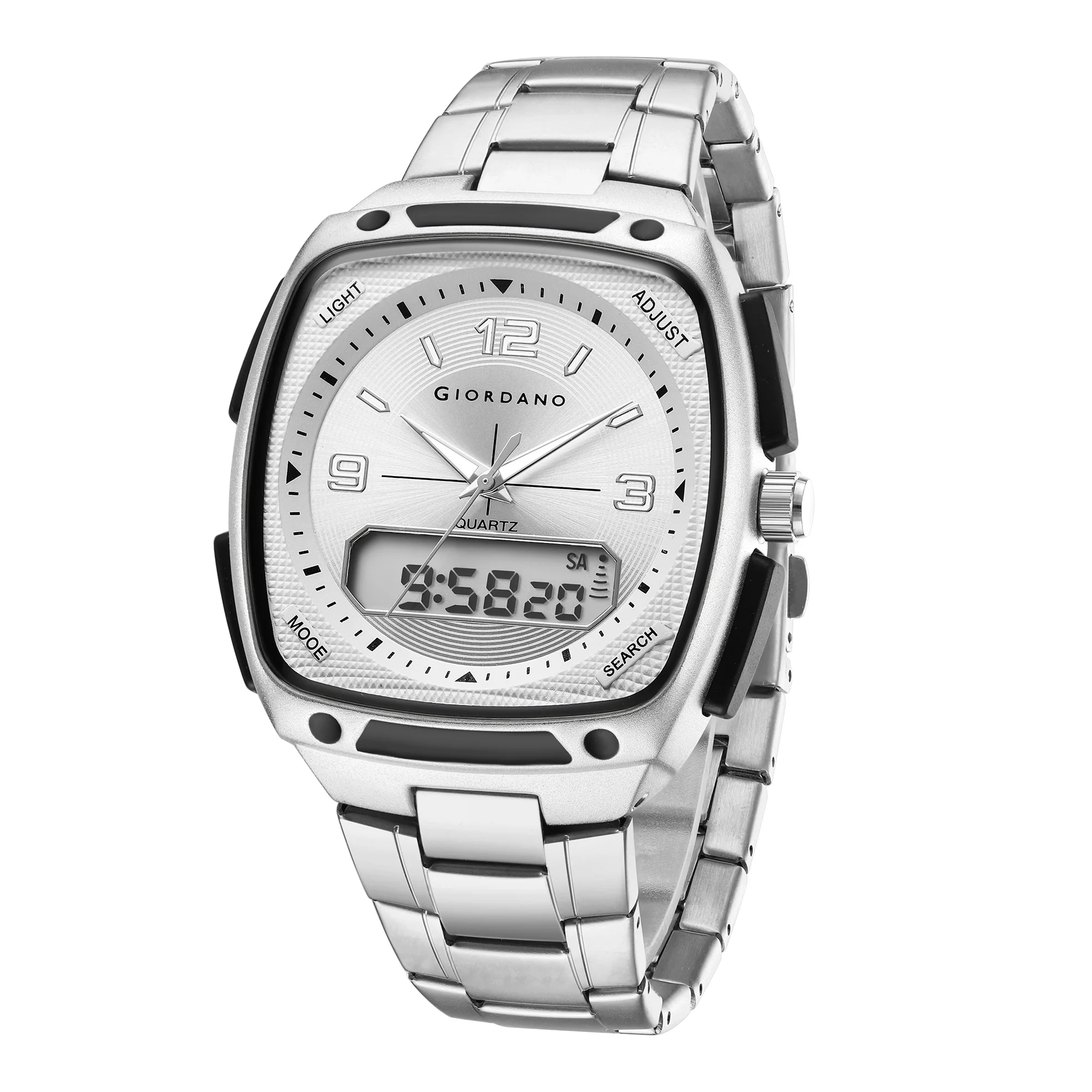 Giordano Analog Quartz Watch for Men with Texured Square White Dial, Date and Day Function, Luminous Hands and Hour Markers, Silver Stainless Steel Strap - GZ-50223-33 - Image 5