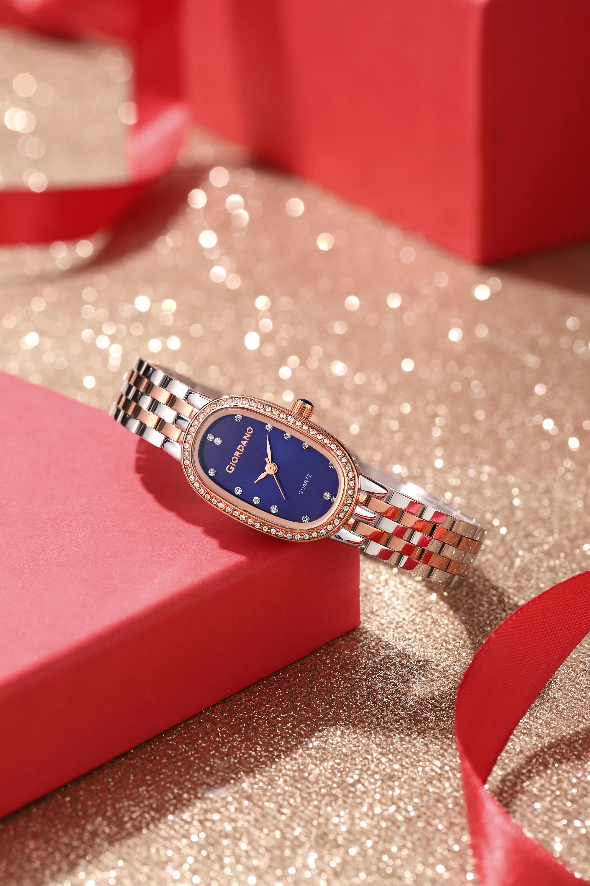Giordano Analog Quartz Watch for Women with Bangle Oval Blue Dial, Blue Crown, Crystal Studded Hour Markers and Bezel, Silver and Rose Gold Stainless Steel Strap - GZ-60153-44 - Image 3
