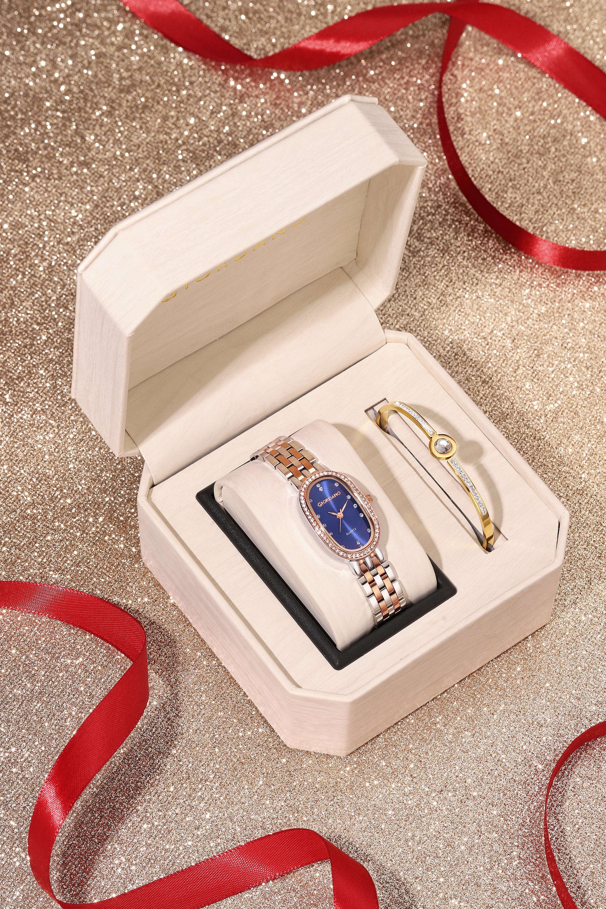 Giordano Analog Quartz Watch for Women with Bangle Oval Blue Dial, Blue Crown, Crystal Studded Hour Markers and Bezel, Silver and Rose Gold Stainless Steel Strap - GZ-60153-44 - Image 4