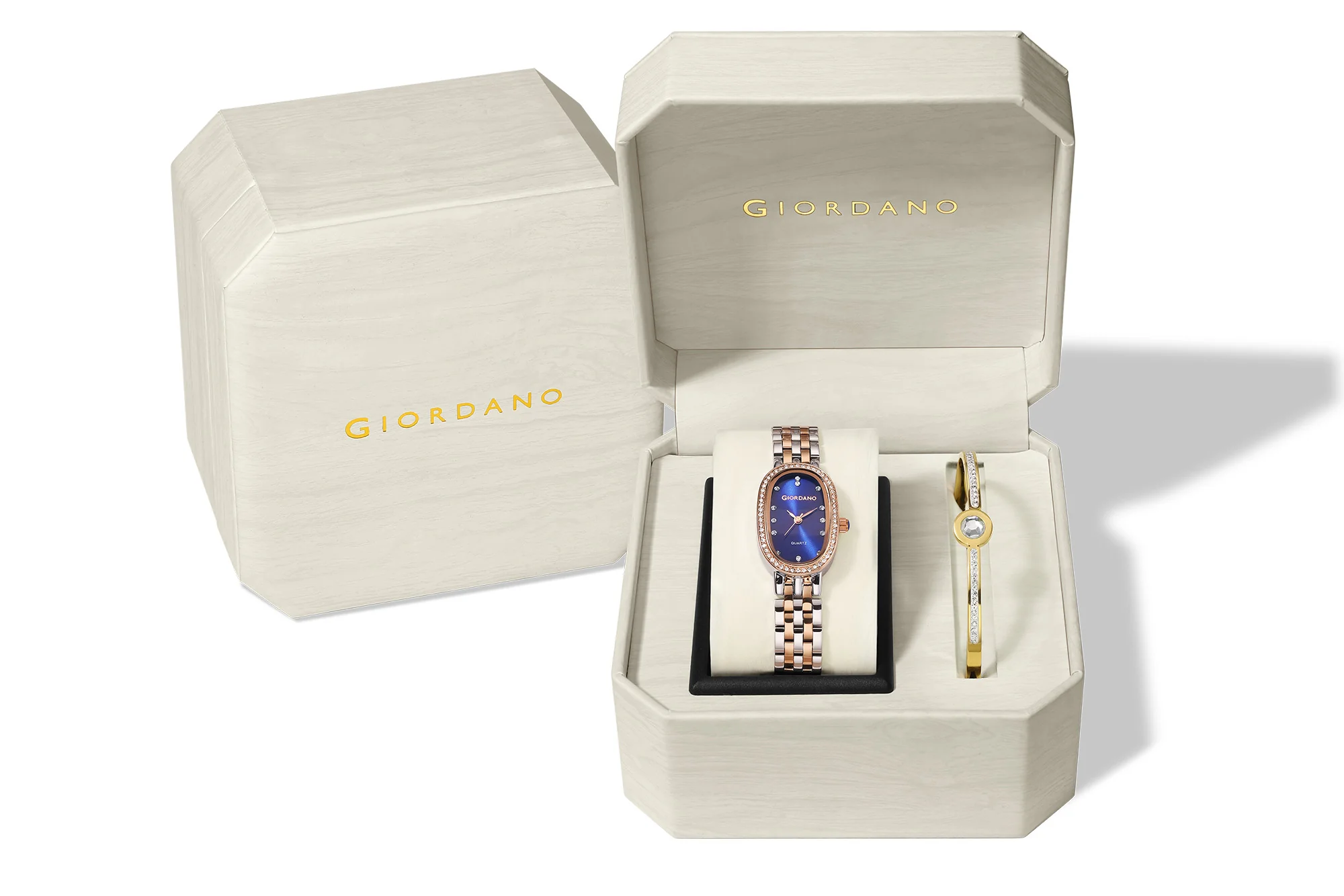 Giordano Analog Quartz Watch for Women with Bangle Oval Blue Dial, Blue Crown, Crystal Studded Hour Markers and Bezel, Silver and Rose Gold Stainless Steel Strap - GZ-60153-44 - Image 6