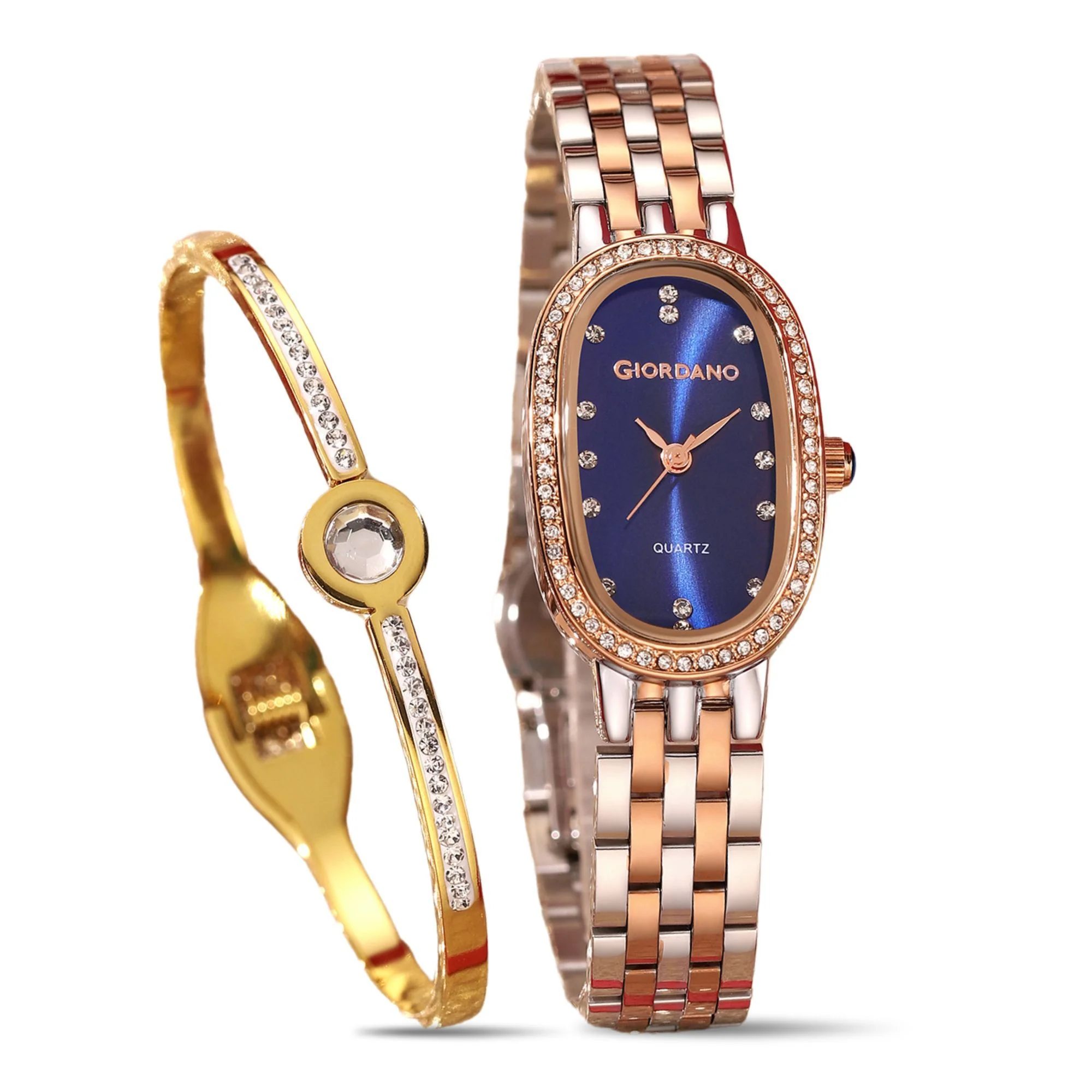 Giordano Analog Quartz Watch for Women with Bangle Oval Blue Dial, Blue Crown, Crystal Studded Hour Markers and Bezel, Silver and Rose Gold Stainless Steel Strap - GZ-60153-44 - Image 7