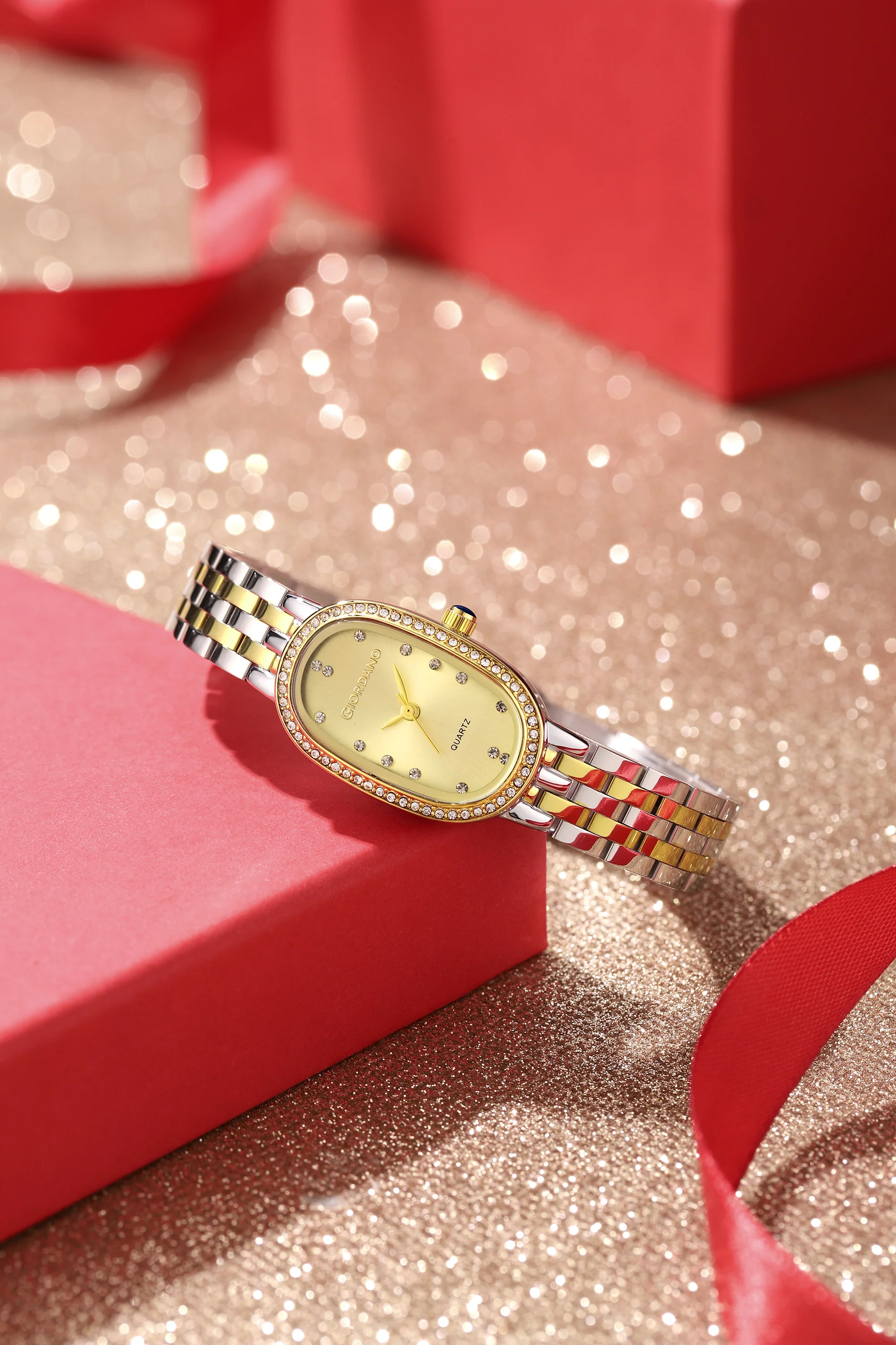 Giordano Analog Quartz Watch for Women with Bangle Oval Gold Dial, Blue Crown, Crystal Studded Hour Markers and Bezel, Silver and Gold Stainless Steel Strap - GZ-60153-11 - Image 3