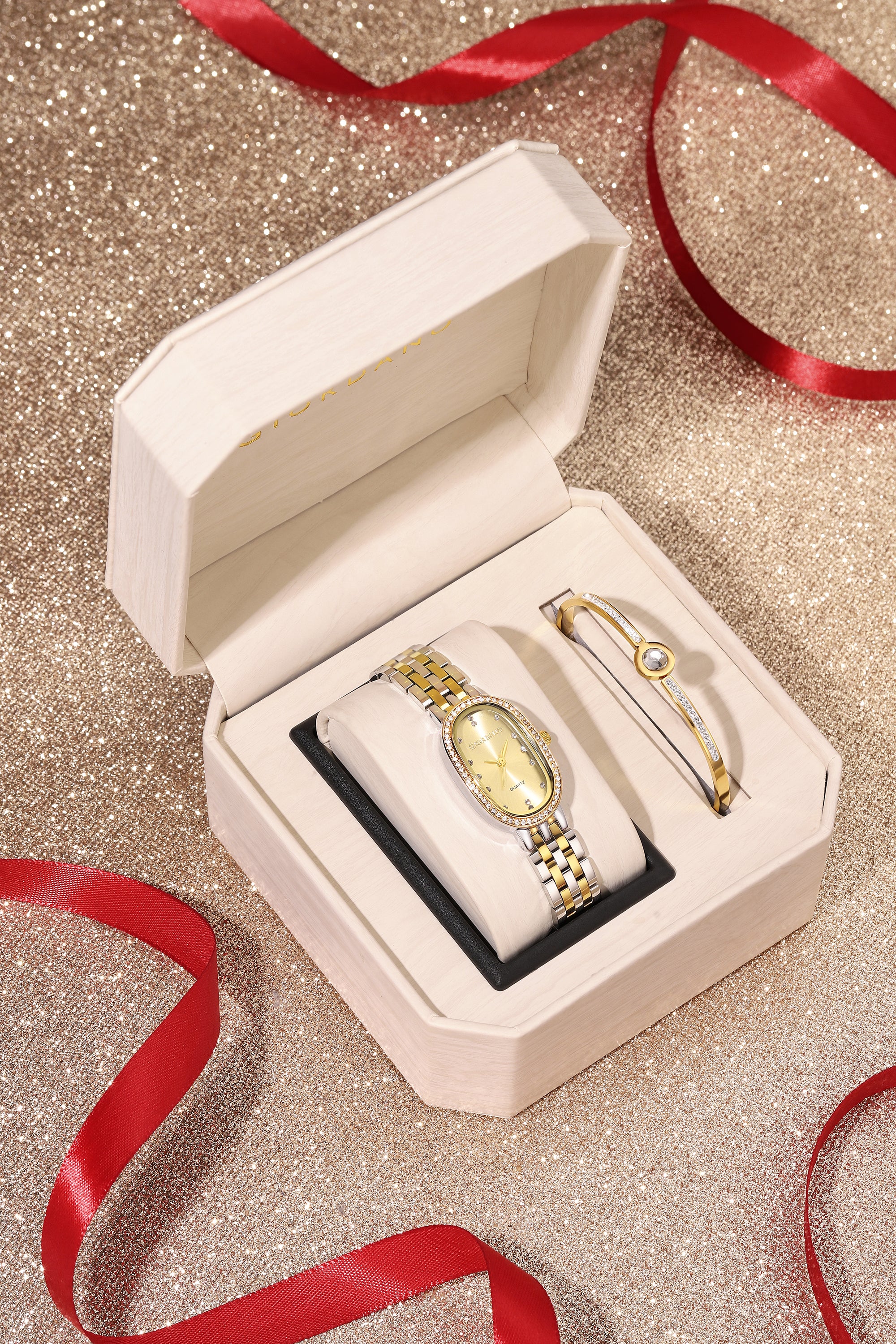 Giordano Analog Quartz Watch for Women with Bangle Oval Gold Dial, Blue Crown, Crystal Studded Hour Markers and Bezel, Silver and Gold Stainless Steel Strap - GZ-60153-11 - Image 4