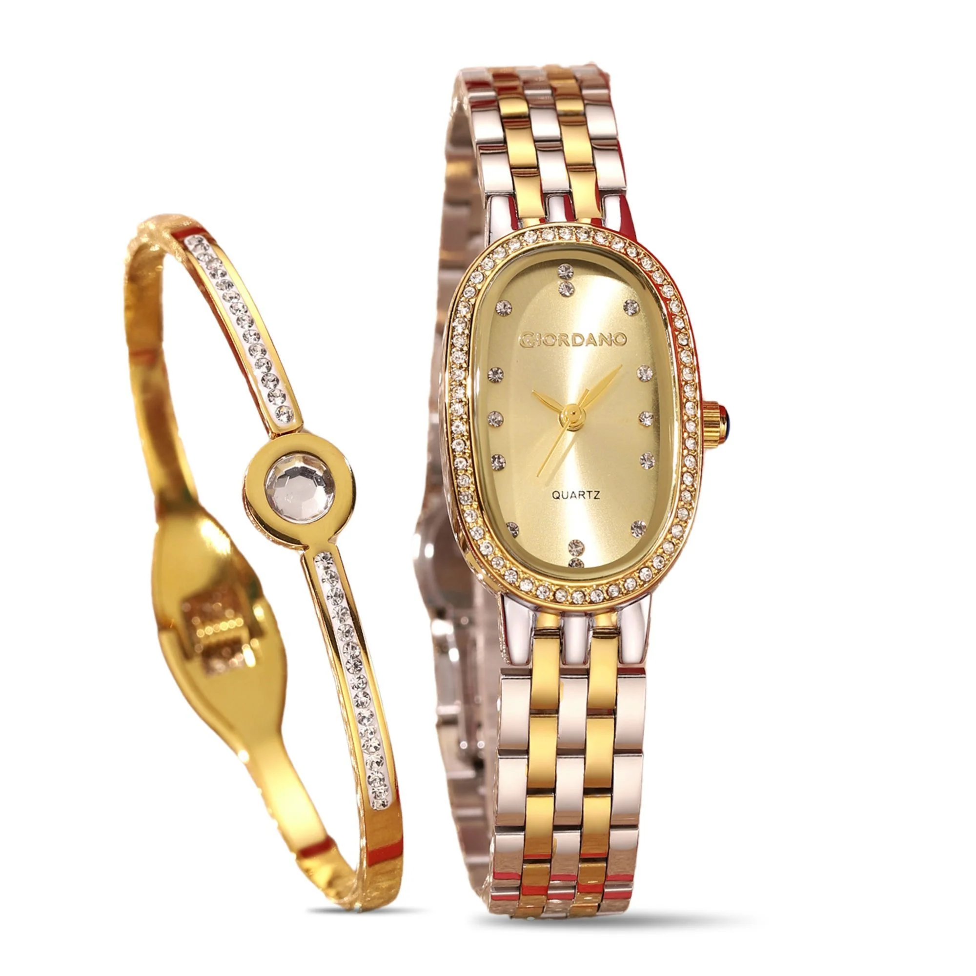 Giordano Analog Quartz Watch for Women with Bangle Oval Gold Dial, Blue Crown, Crystal Studded Hour Markers and Bezel, Silver and Gold Stainless Steel Strap - GZ-60153-11 - Image 7