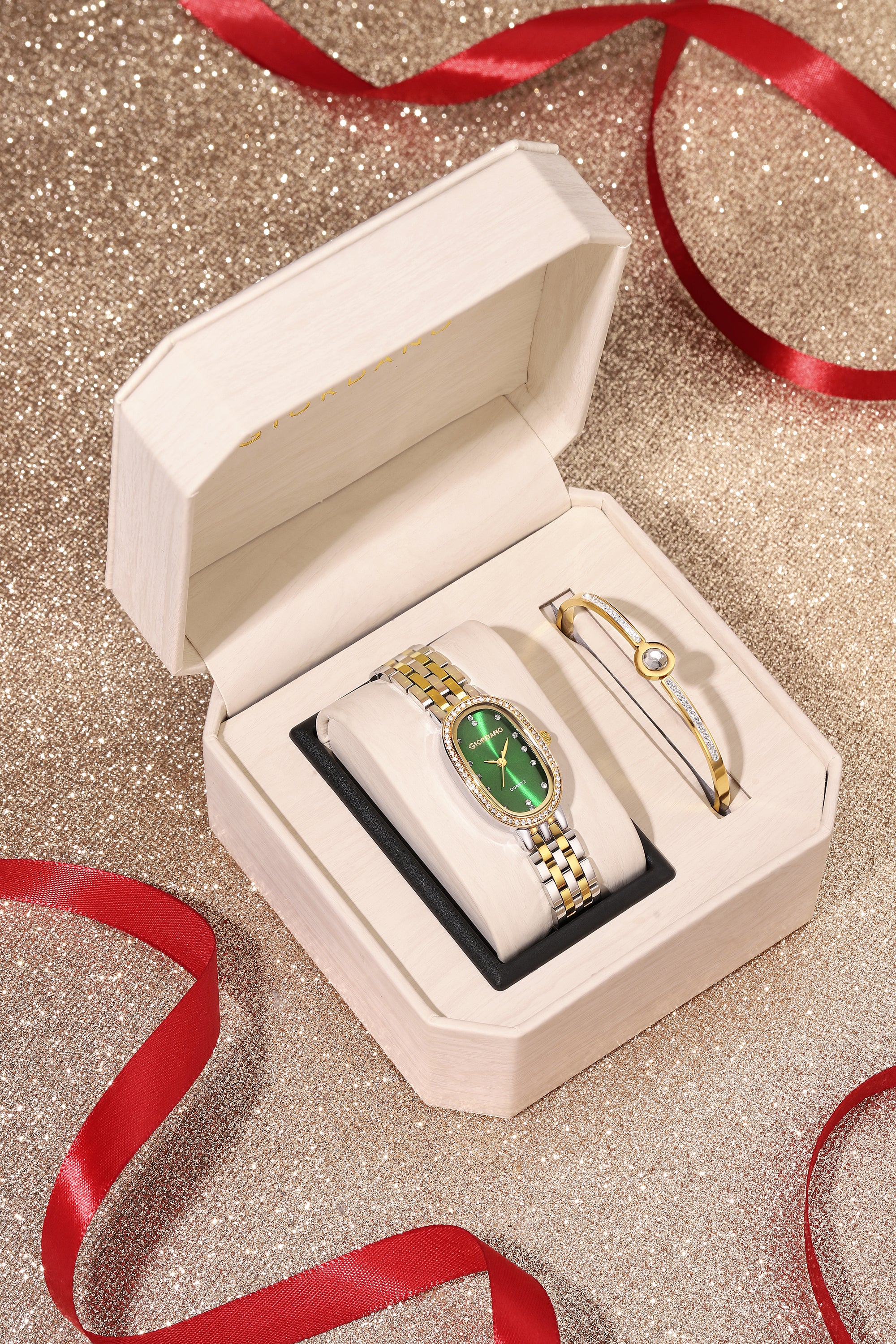 Giordano Analog Quartz Watch for Women with Bangle Oval Green Dial, Blue Crown, Crystal Studded Hour Markers and Bezel, Silver and Gold Stainless Steel Strap - GZ-60153-33 - Image 3