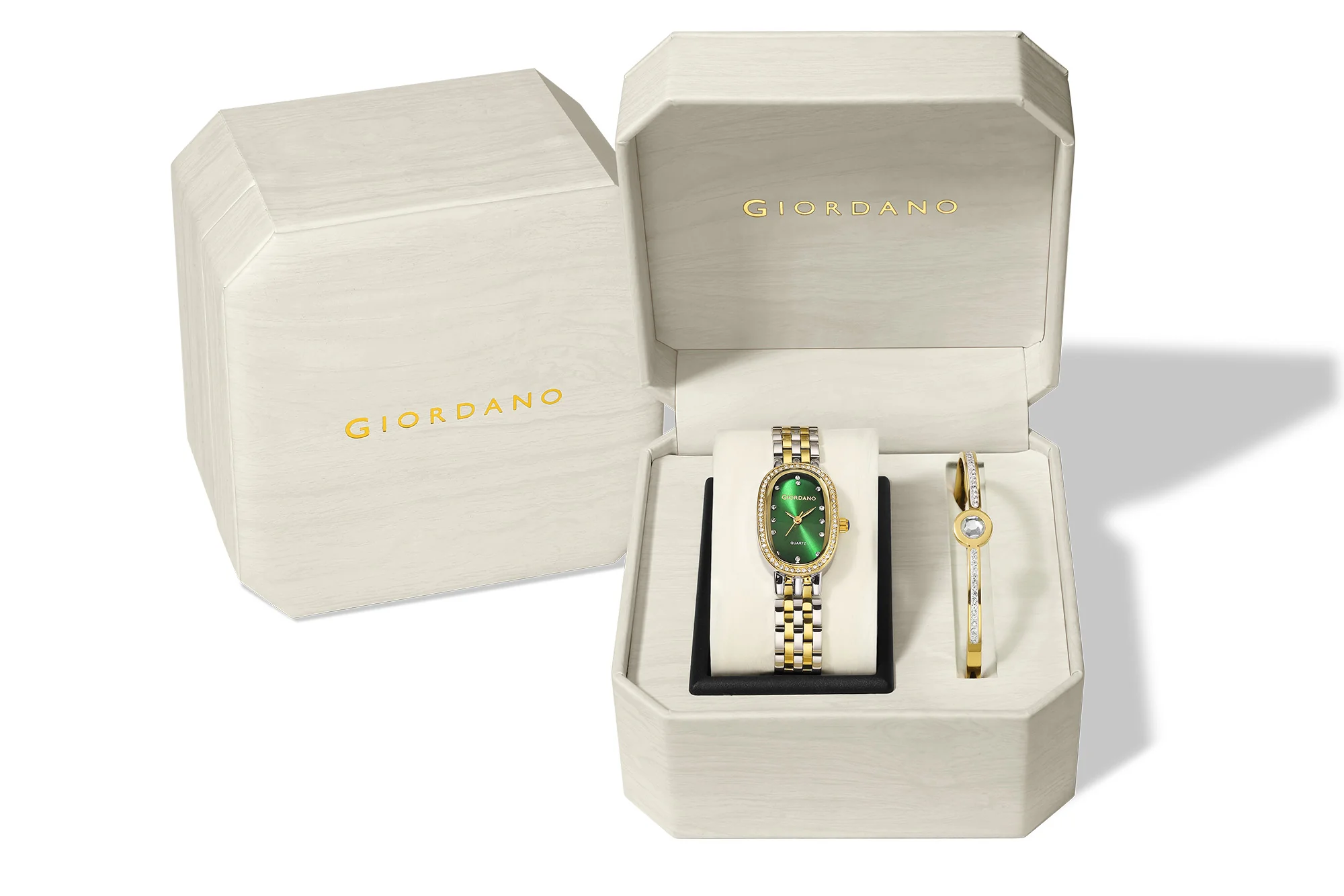 Giordano Analog Quartz Watch for Women with Bangle Oval Green Dial, Blue Crown, Crystal Studded Hour Markers and Bezel, Silver and Gold Stainless Steel Strap - GZ-60153-33 - Image 6