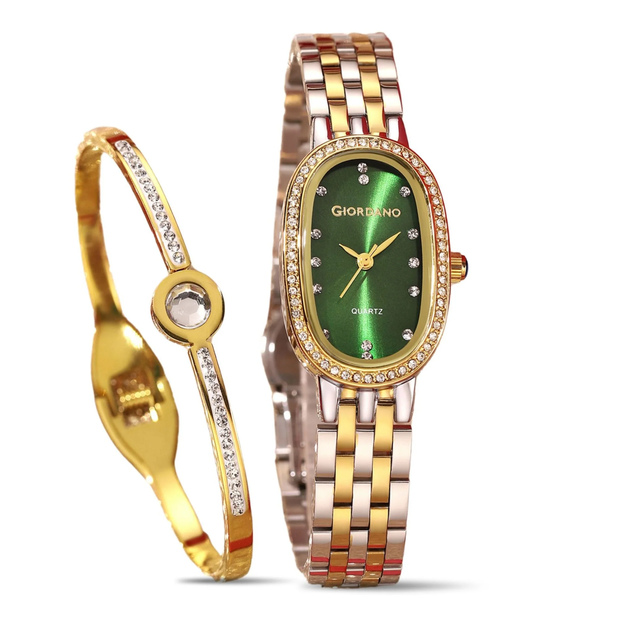 Giordano Analog Quartz Watch for Women with Bangle Oval Green Dial, Blue Crown, Crystal Studded Hour Markers and Bezel, Silver and Gold Stainless Steel Strap - GZ-60153-33 - Image 7