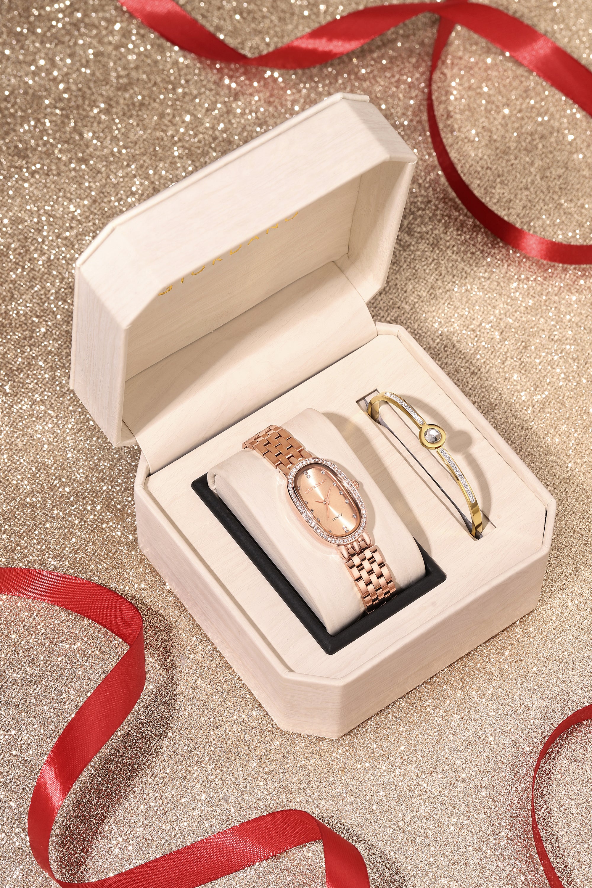 Giordano Analog Quartz Watch for Women with Bangle Oval Rose Gold Dial, Blue Crown, Crystal Studded Hour Markers and Bezel, Rose Gold Stainless Steel Strap - GZ-60153-22 - Image 3