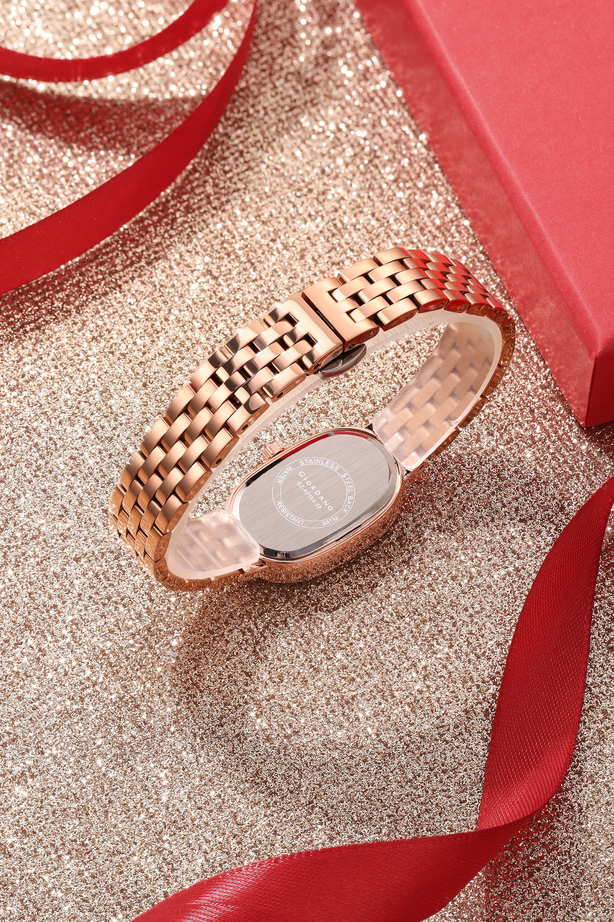 Giordano Analog Quartz Watch for Women with Bangle Oval Rose Gold Dial, Blue Crown, Crystal Studded Hour Markers and Bezel, Rose Gold Stainless Steel Strap - GZ-60153-22 - Image 5