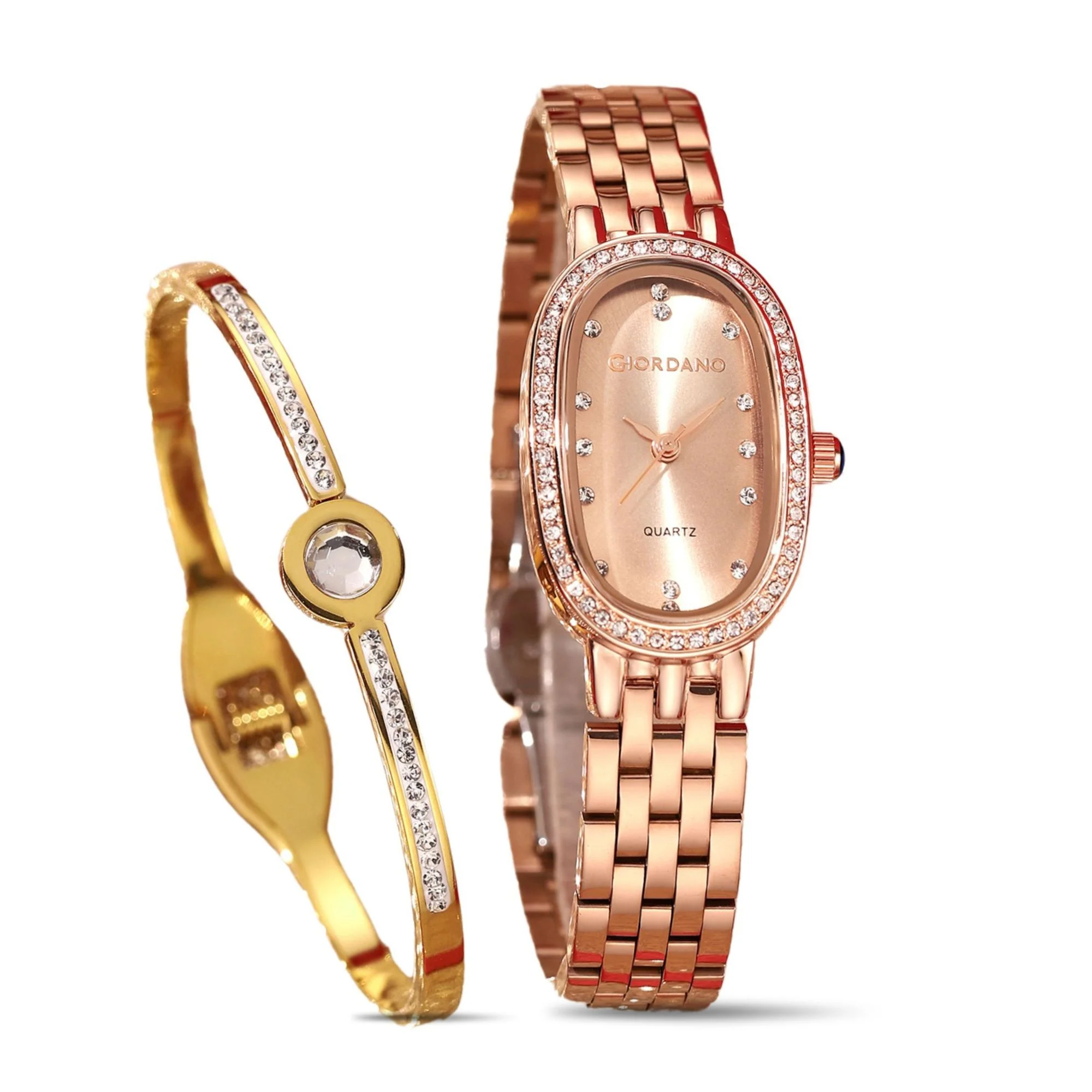 Giordano Analog Quartz Watch for Women with Bangle Oval Rose Gold Dial, Blue Crown, Crystal Studded Hour Markers and Bezel, Rose Gold Stainless Steel Strap - GZ-60153-22 - Image 7