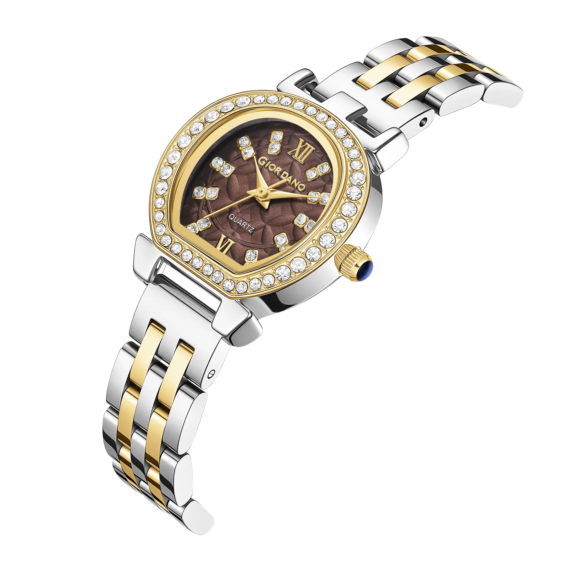 Giordano Analog Quartz Watch for Women with Bangle Set Texured Oval Brown Dial, Roman Indices, Blue Crown, Crystal Studded Hour Markers and Bezel, Silver and Gold Stainless Steel Strap - GZ-60154-33 - Image 10
