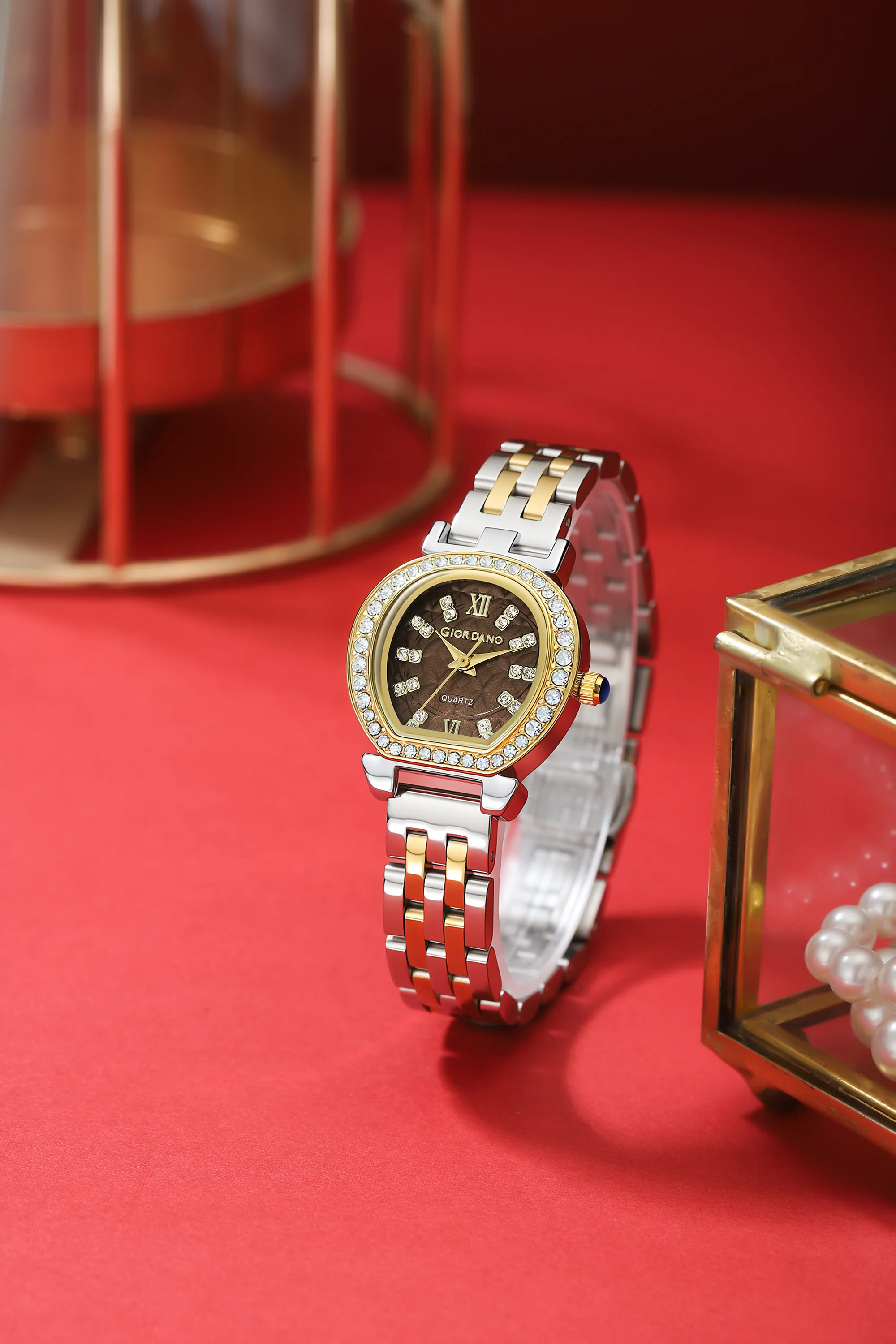Giordano Analog Quartz Watch for Women with Bangle Set Texured Oval Brown Dial, Roman Indices, Blue Crown, Crystal Studded Hour Markers and Bezel, Silver and Gold Stainless Steel Strap - GZ-60154-33 - Image 4