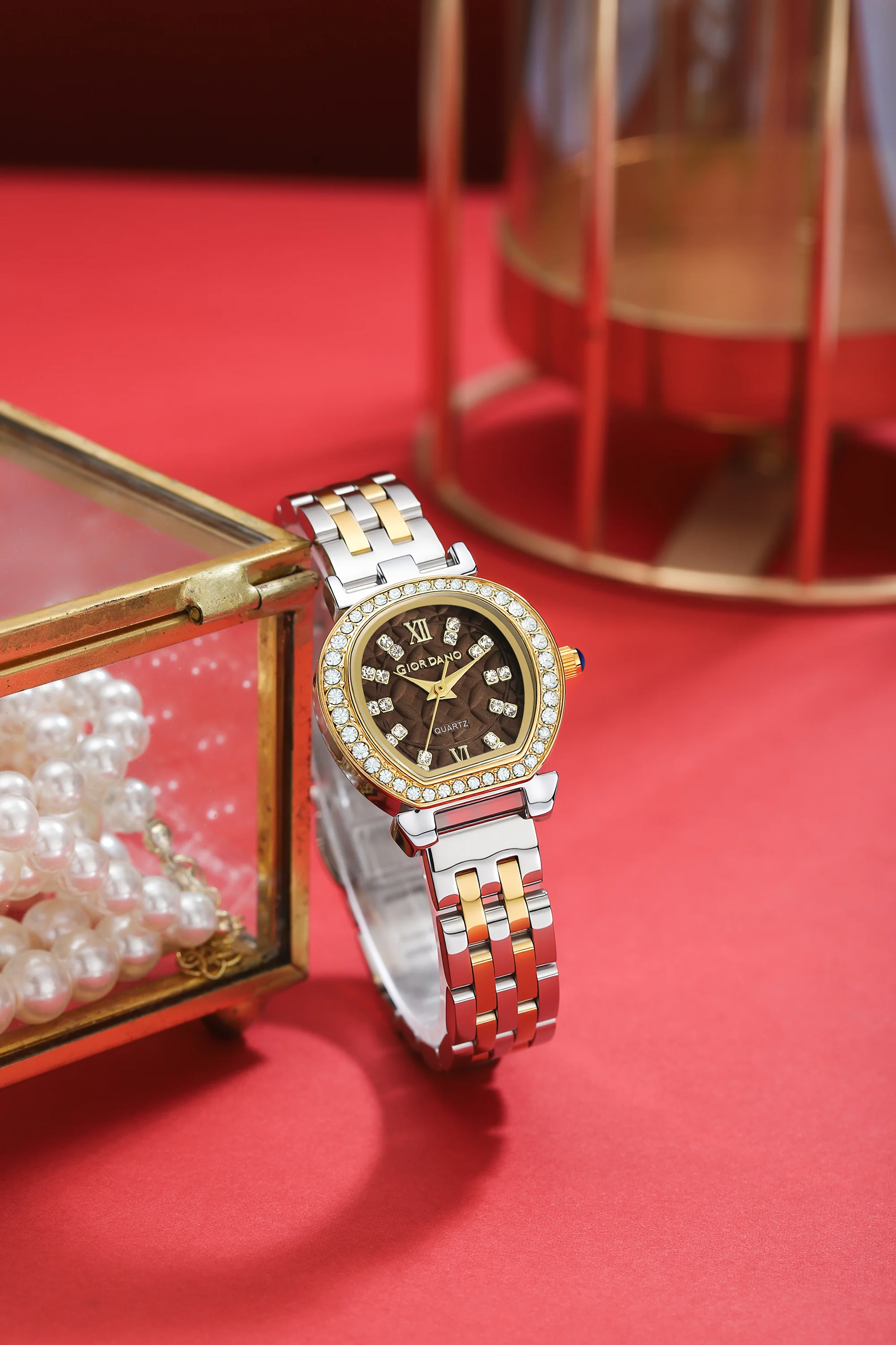 Giordano Analog Quartz Watch for Women with Bangle Set Texured Oval Brown Dial, Roman Indices, Blue Crown, Crystal Studded Hour Markers and Bezel, Silver and Gold Stainless Steel Strap - GZ-60154-33 - Image 5