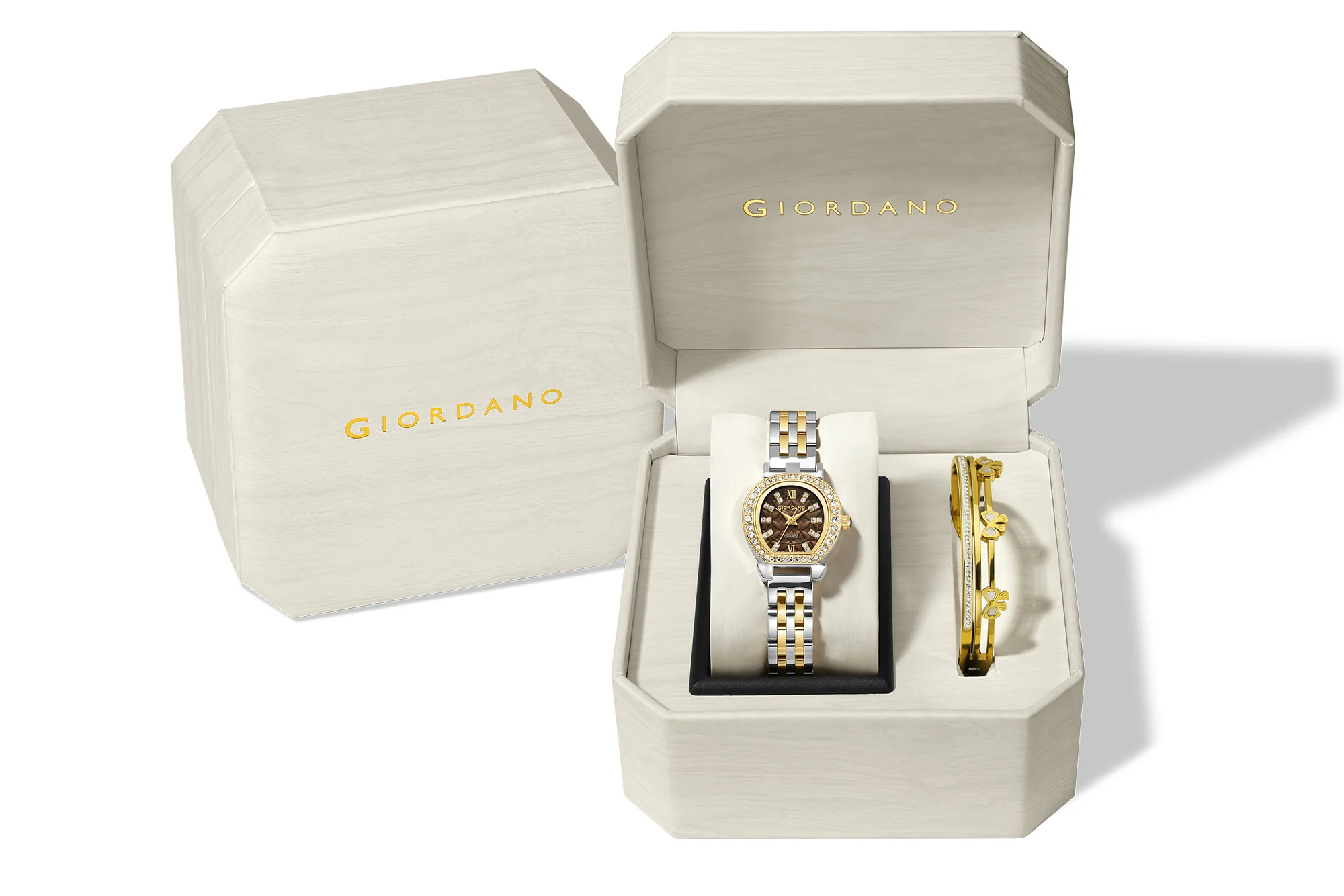 Giordano Analog Quartz Watch for Women with Bangle Set Texured Oval Brown Dial, Roman Indices, Blue Crown, Crystal Studded Hour Markers and Bezel, Silver and Gold Stainless Steel Strap - GZ-60154-33 - Image 7
