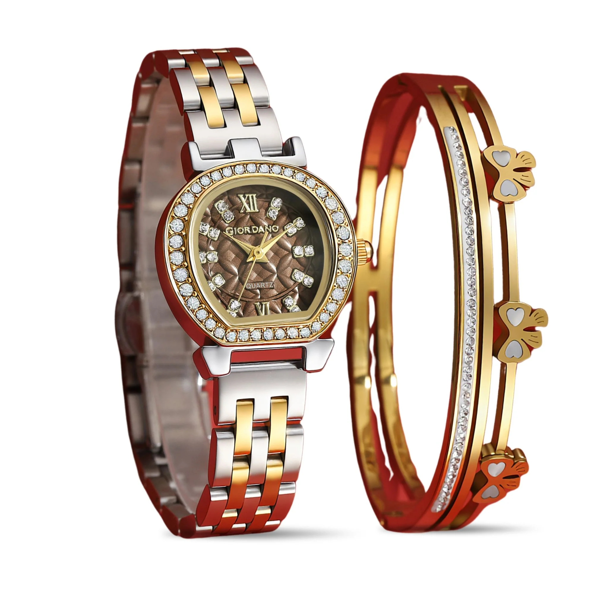 Giordano Analog Quartz Watch for Women with Bangle Set Texured Oval Brown Dial, Roman Indices, Blue Crown, Crystal Studded Hour Markers and Bezel, Silver and Gold Stainless Steel Strap - GZ-60154-33 - Image 8