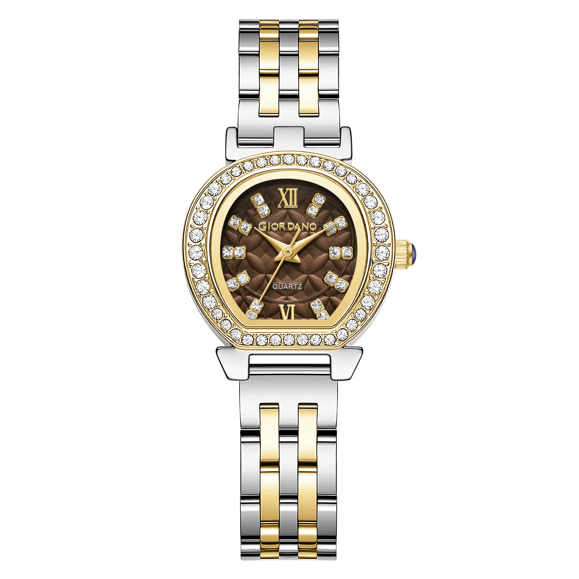 Giordano Analog Quartz Watch for Women with Bangle Set Texured Oval Brown Dial, Roman Indices, Blue Crown, Crystal Studded Hour Markers and Bezel, Silver and Gold Stainless Steel Strap - GZ-60154-33 - Image 9