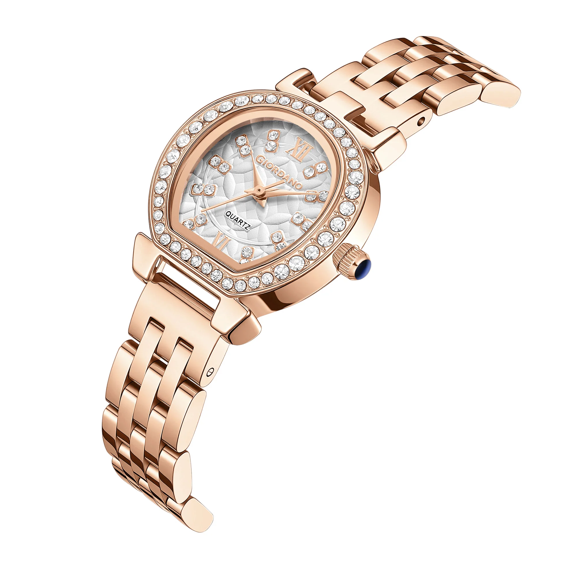 Giordano Analog Quartz Watch for Women with Bangle Set Texured Oval White Dial, Roman Indices, Blue Crown, Crystal Studded Hour Markers and Bezel, Rose Gold Stainless Steel Strap - GZ-60154-11 - Image 10