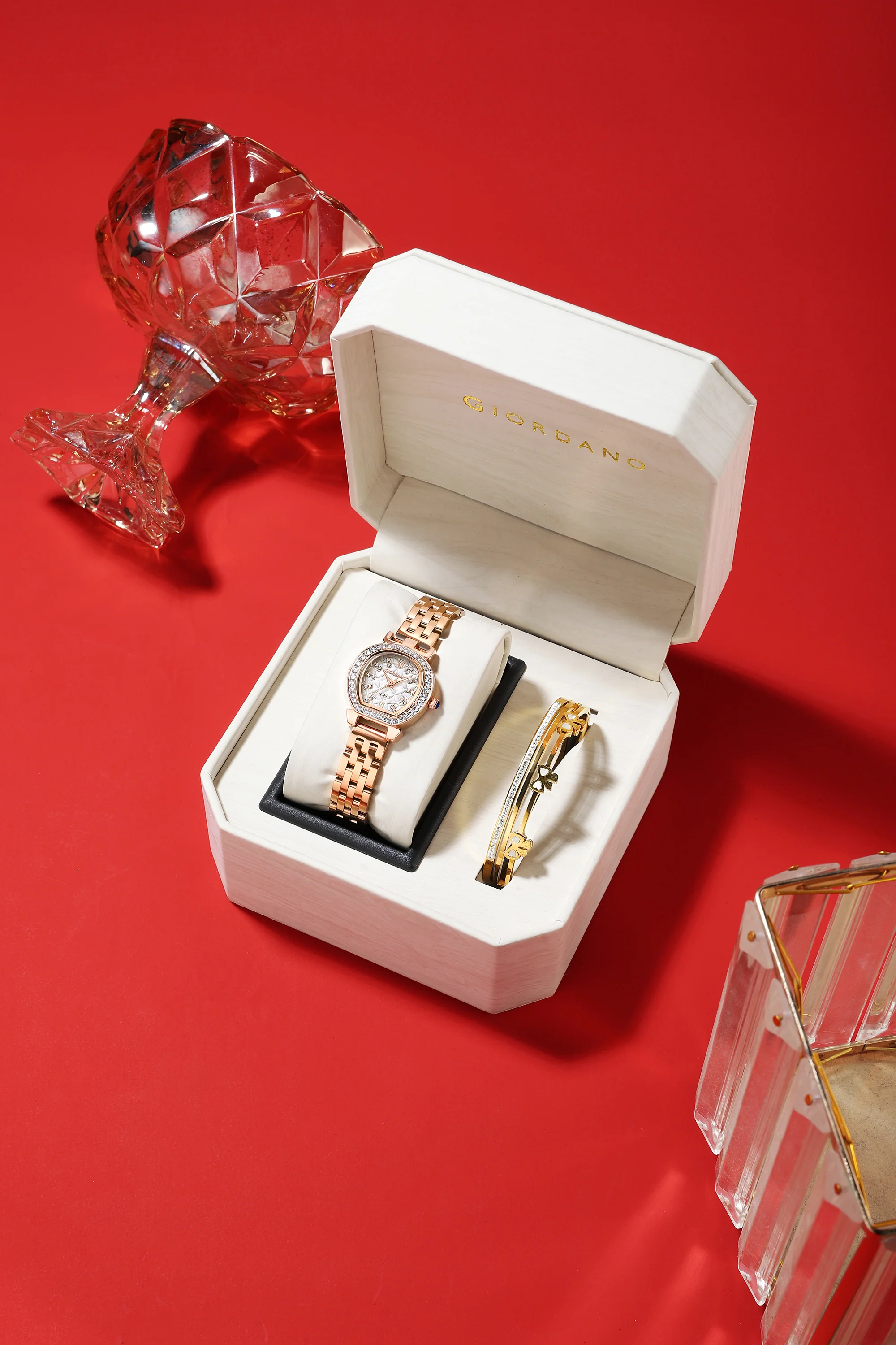 Giordano Analog Quartz Watch for Women with Bangle Set Texured Oval White Dial, Roman Indices, Blue Crown, Crystal Studded Hour Markers and Bezel, Rose Gold Stainless Steel Strap - GZ-60154-11 - Image 3