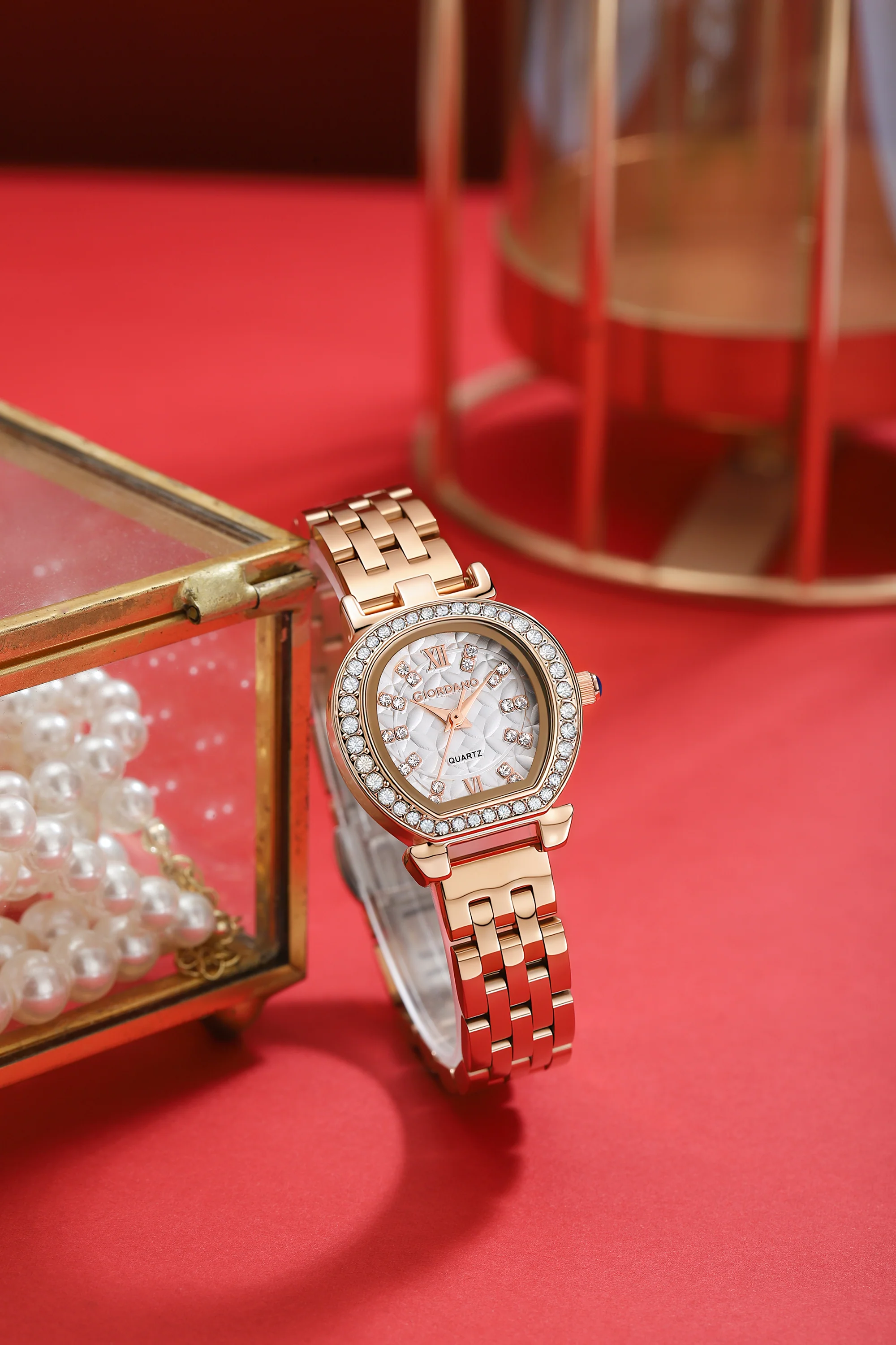 Giordano Analog Quartz Watch for Women with Bangle Set Texured Oval White Dial, Roman Indices, Blue Crown, Crystal Studded Hour Markers and Bezel, Rose Gold Stainless Steel Strap - GZ-60154-11 - Image 4