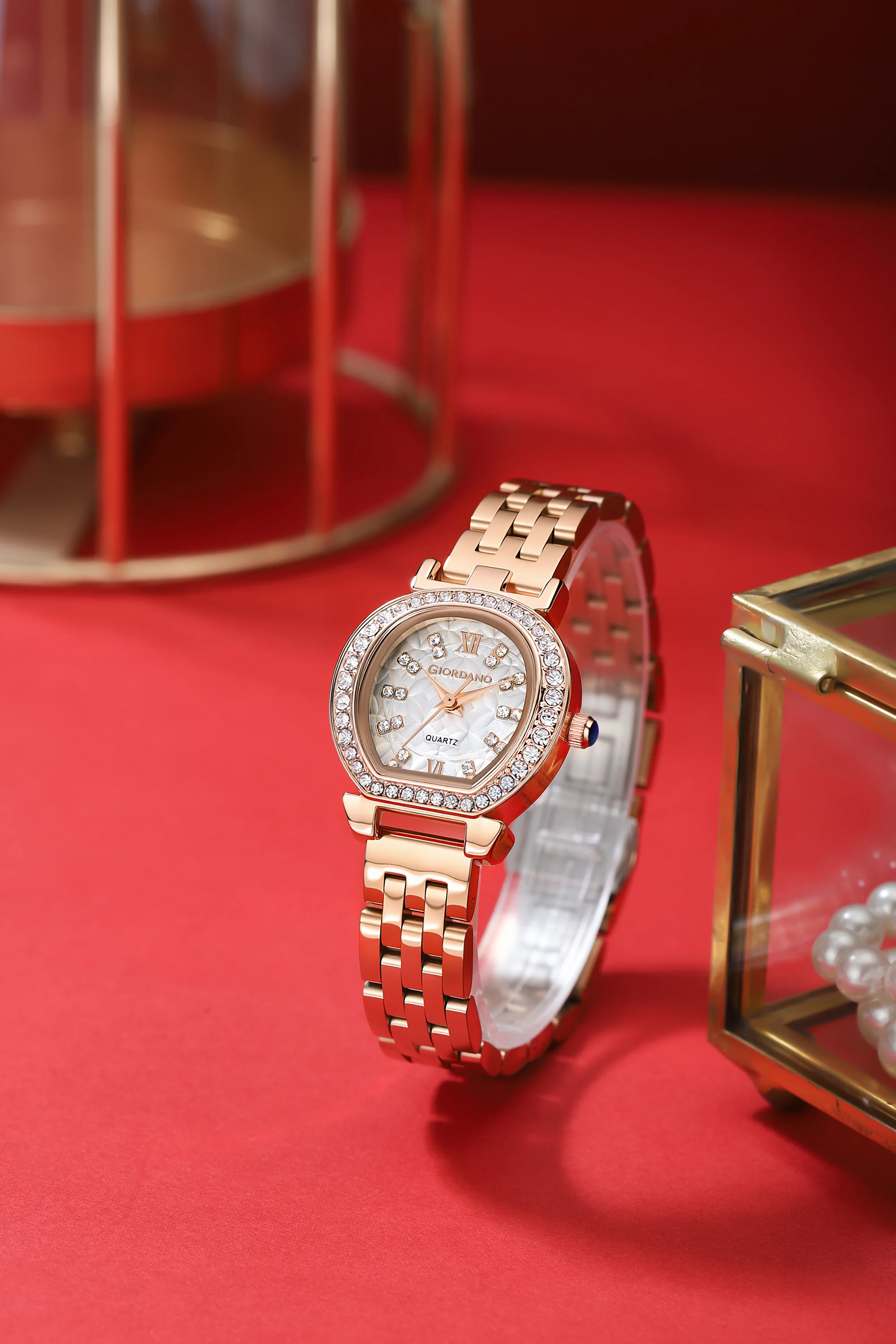 Giordano Analog Quartz Watch for Women with Bangle Set Texured Oval White Dial, Roman Indices, Blue Crown, Crystal Studded Hour Markers and Bezel, Rose Gold Stainless Steel Strap - GZ-60154-11 - Image 5