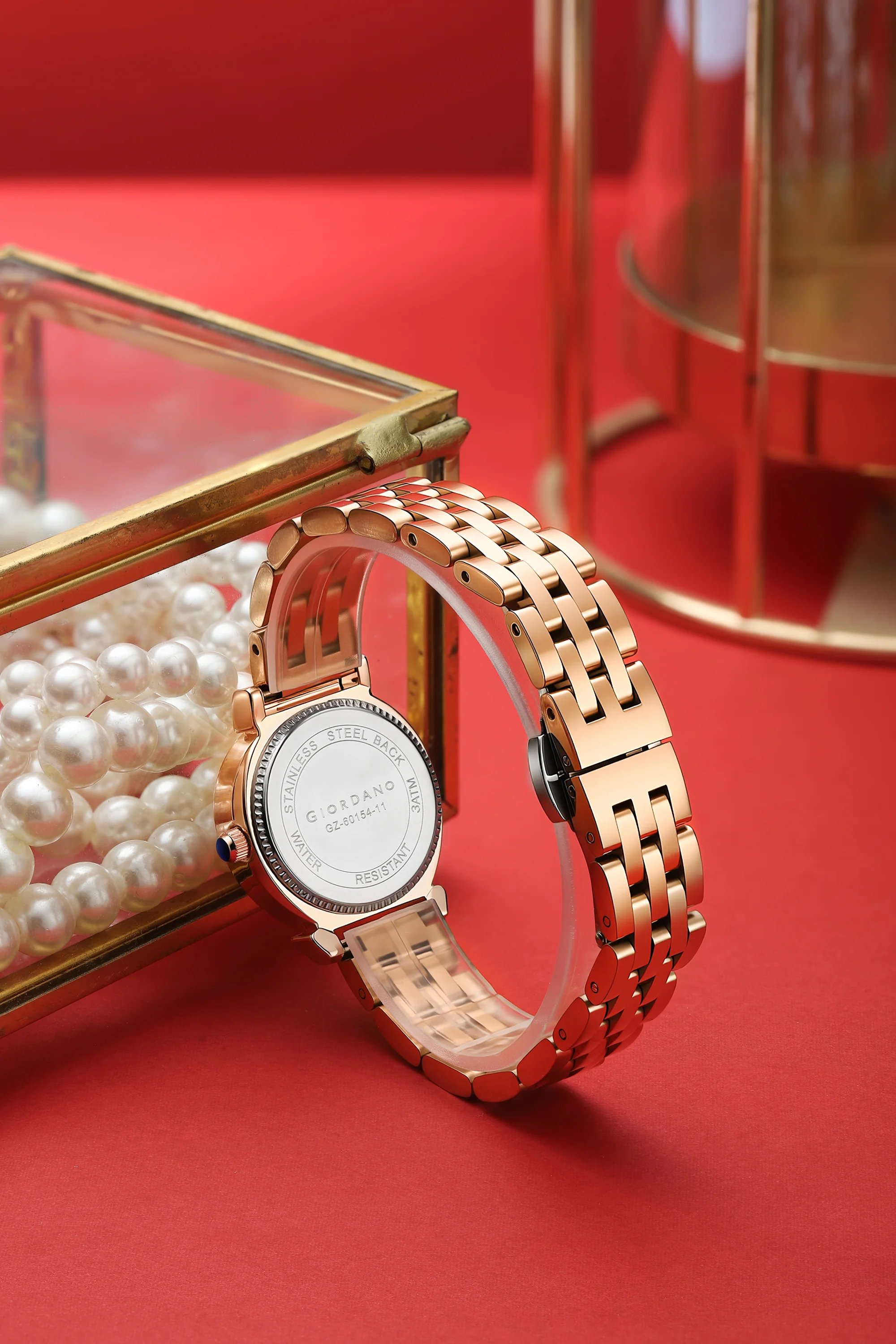 Giordano Analog Quartz Watch for Women with Bangle Set Texured Oval White Dial, Roman Indices, Blue Crown, Crystal Studded Hour Markers and Bezel, Rose Gold Stainless Steel Strap - GZ-60154-11 - Image 6