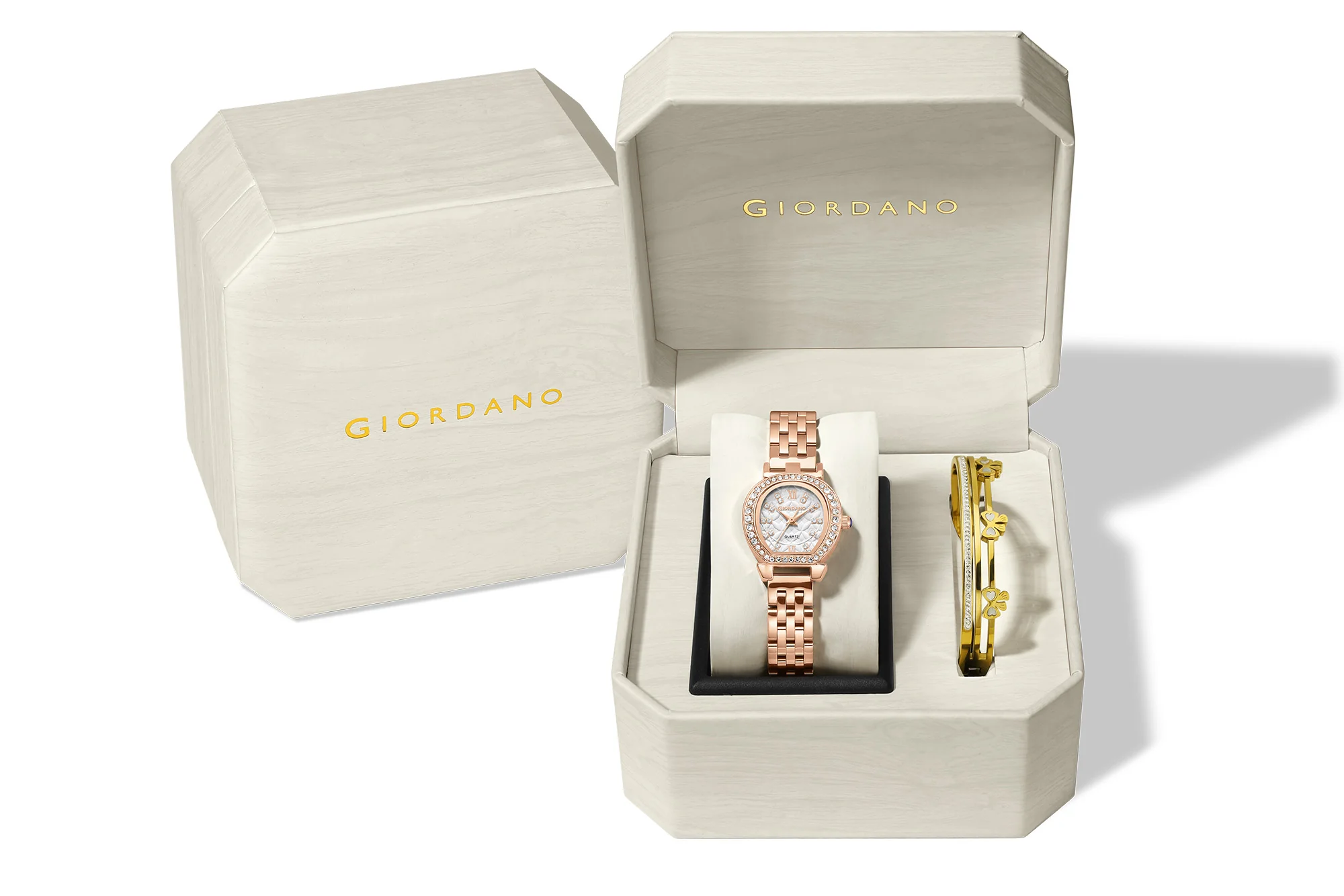 Giordano Analog Quartz Watch for Women with Bangle Set Texured Oval White Dial, Roman Indices, Blue Crown, Crystal Studded Hour Markers and Bezel, Rose Gold Stainless Steel Strap - GZ-60154-11 - Image 7