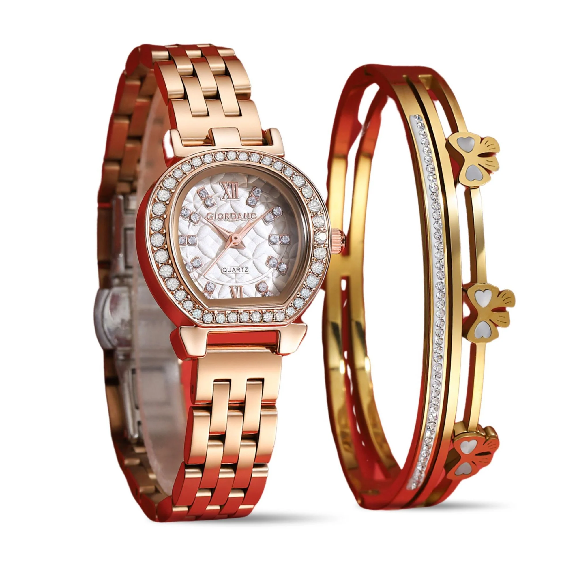 Giordano Analog Quartz Watch for Women with Bangle Set Texured Oval White Dial, Roman Indices, Blue Crown, Crystal Studded Hour Markers and Bezel, Rose Gold Stainless Steel Strap - GZ-60154-11 - Image 8