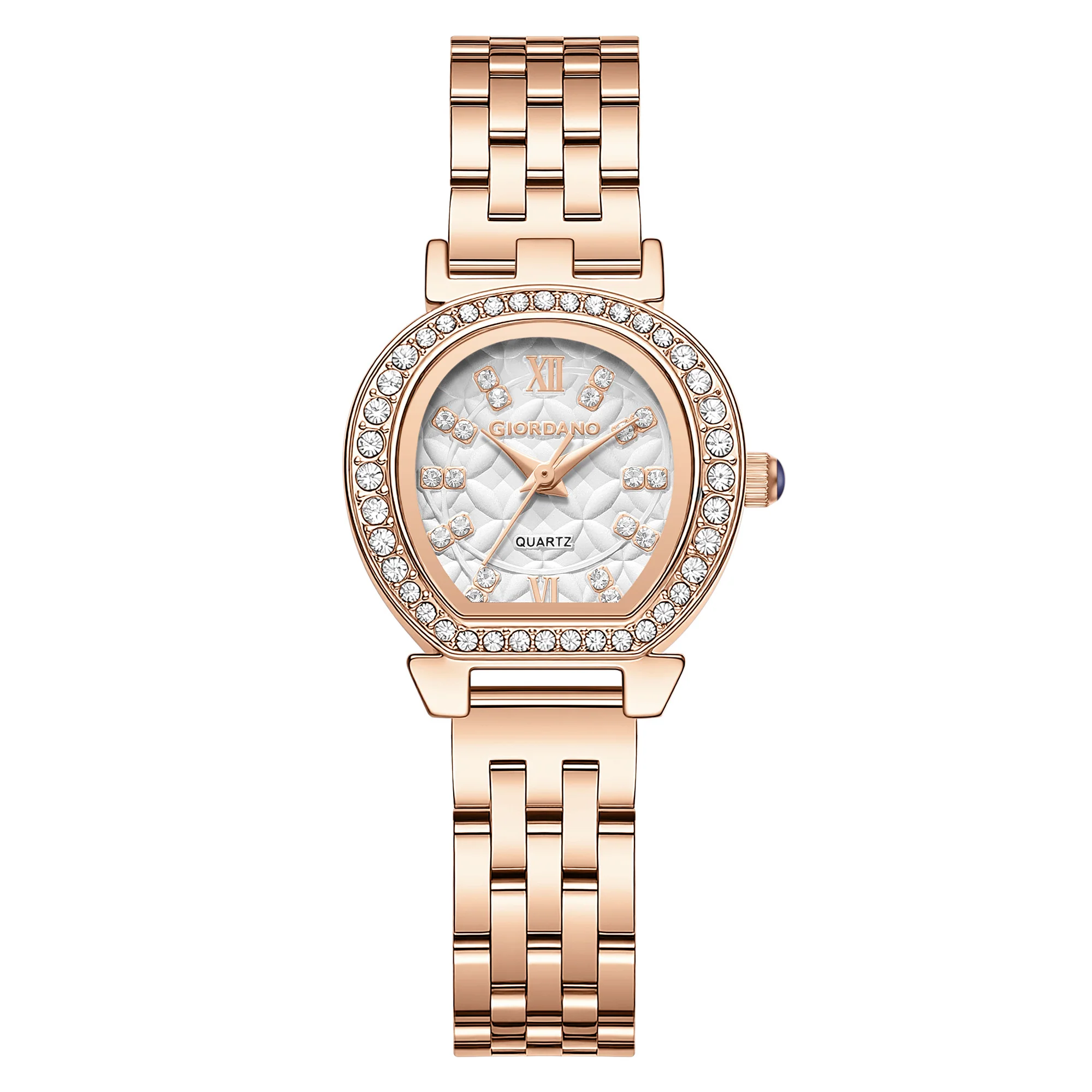 Giordano Analog Quartz Watch for Women with Bangle Set Texured Oval White Dial, Roman Indices, Blue Crown, Crystal Studded Hour Markers and Bezel, Rose Gold Stainless Steel Strap - GZ-60154-11 - Image 9