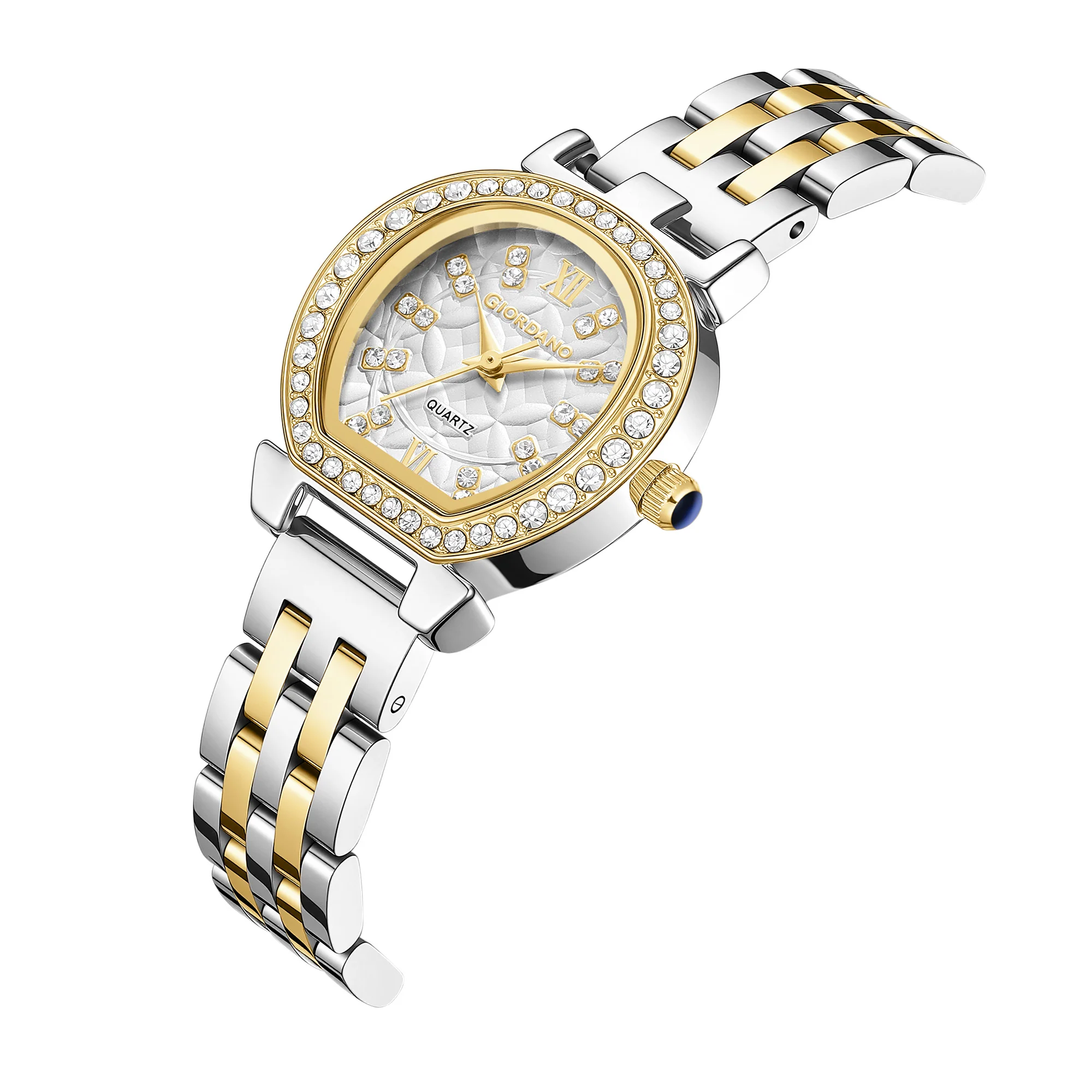 Giordano Analog Quartz Watch for Women with Bangle Set Texured Oval White Dial, Roman Indices, Blue Crown, Crystal Studded Hour Markers and Bezel, Silver and Gold Stainless Steel Strap - GZ-60154-22 - Image 10
