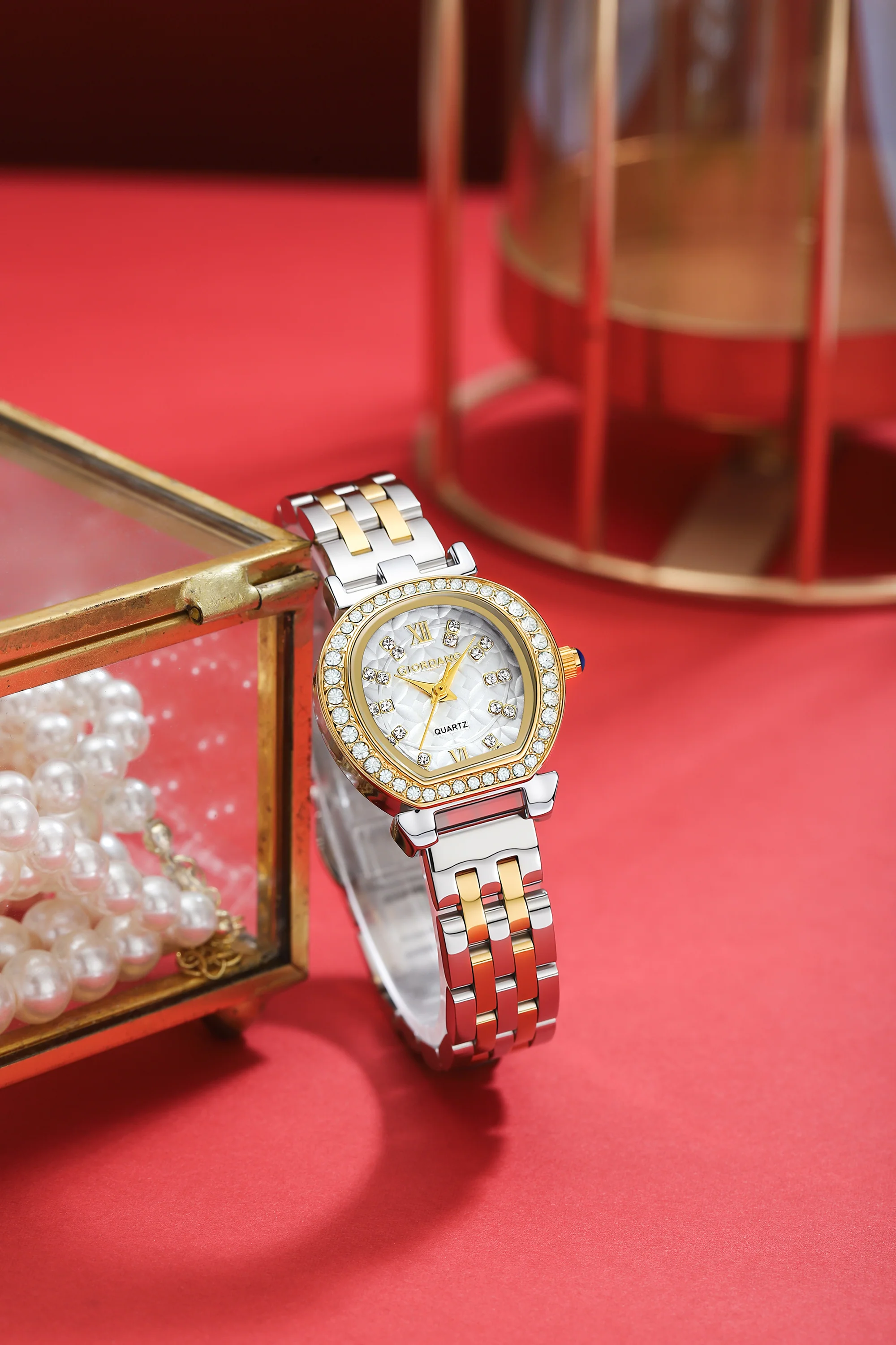 Giordano Analog Quartz Watch for Women with Bangle Set Texured Oval White Dial, Roman Indices, Blue Crown, Crystal Studded Hour Markers and Bezel, Silver and Gold Stainless Steel Strap - GZ-60154-22 - Image 3