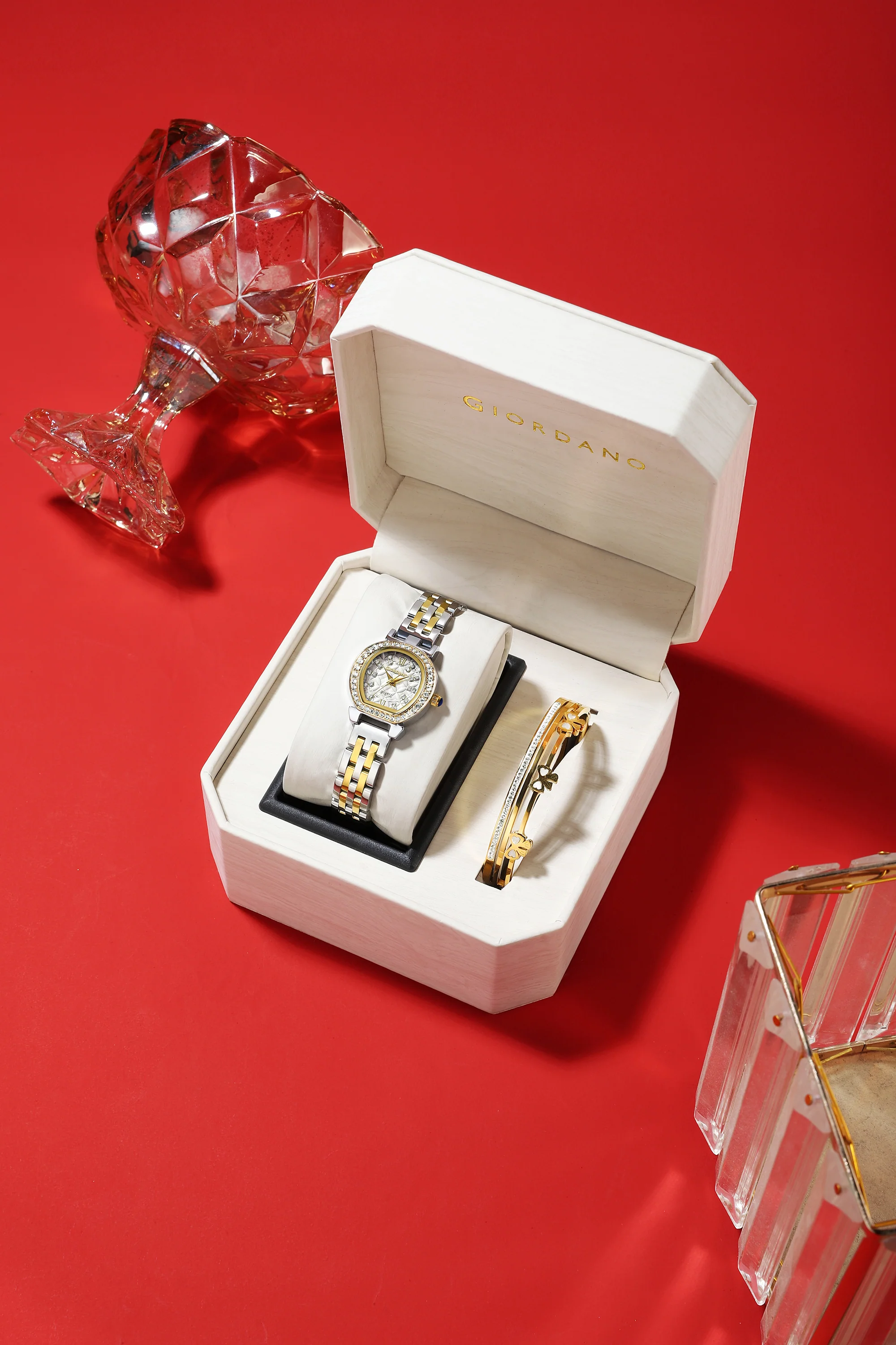 Giordano Analog Quartz Watch for Women with Bangle Set Texured Oval White Dial, Roman Indices, Blue Crown, Crystal Studded Hour Markers and Bezel, Silver and Gold Stainless Steel Strap - GZ-60154-22 - Image 4