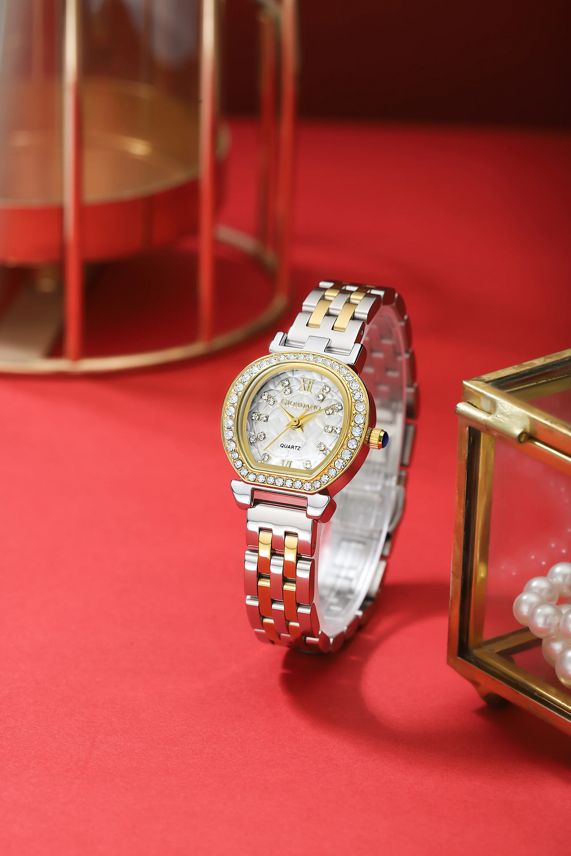 Giordano Analog Quartz Watch for Women with Bangle Set Texured Oval White Dial, Roman Indices, Blue Crown, Crystal Studded Hour Markers and Bezel, Silver and Gold Stainless Steel Strap - GZ-60154-22 - Image 5