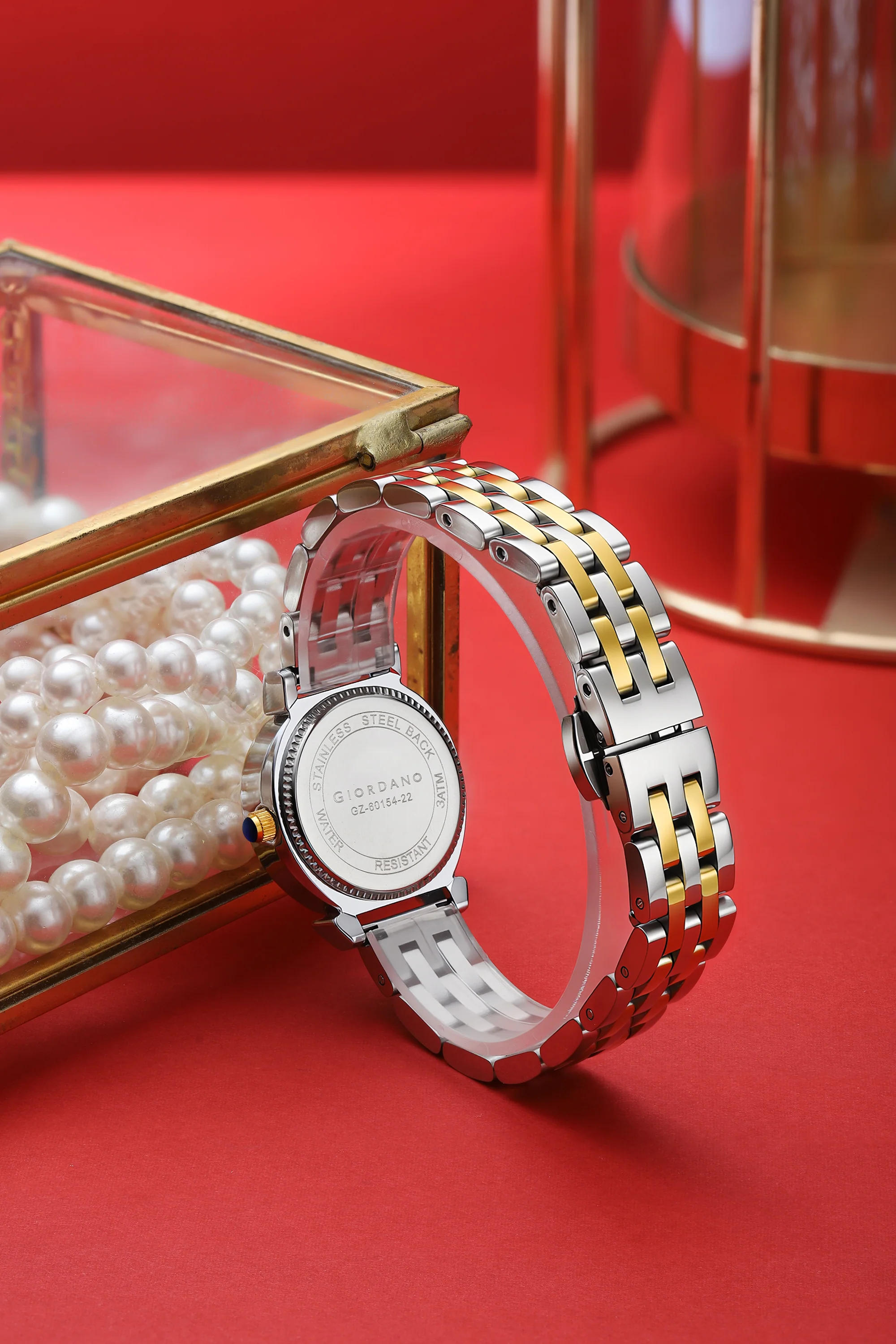 Giordano Analog Quartz Watch for Women with Bangle Set Texured Oval White Dial, Roman Indices, Blue Crown, Crystal Studded Hour Markers and Bezel, Silver and Gold Stainless Steel Strap - GZ-60154-22 - Image 6
