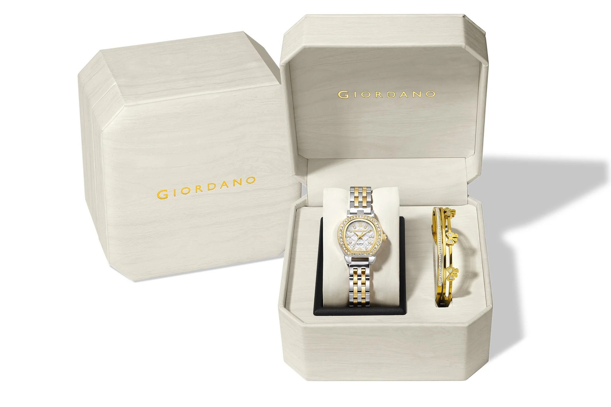 Giordano Analog Quartz Watch for Women with Bangle Set Texured Oval White Dial, Roman Indices, Blue Crown, Crystal Studded Hour Markers and Bezel, Silver and Gold Stainless Steel Strap - GZ-60154-22 - Image 7