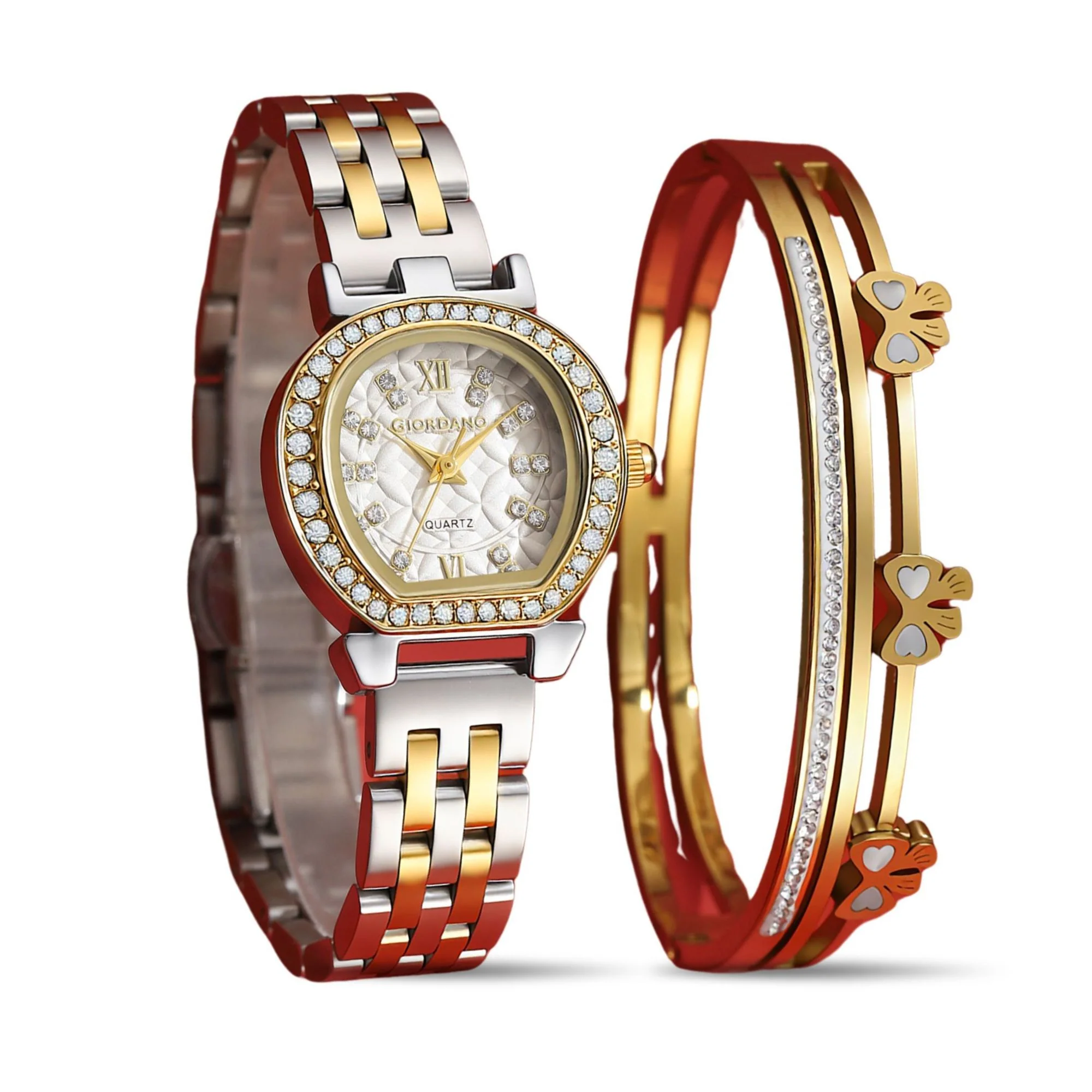Giordano Analog Quartz Watch for Women with Bangle Set Texured Oval White Dial, Roman Indices, Blue Crown, Crystal Studded Hour Markers and Bezel, Silver and Gold Stainless Steel Strap - GZ-60154-22 - Image 8