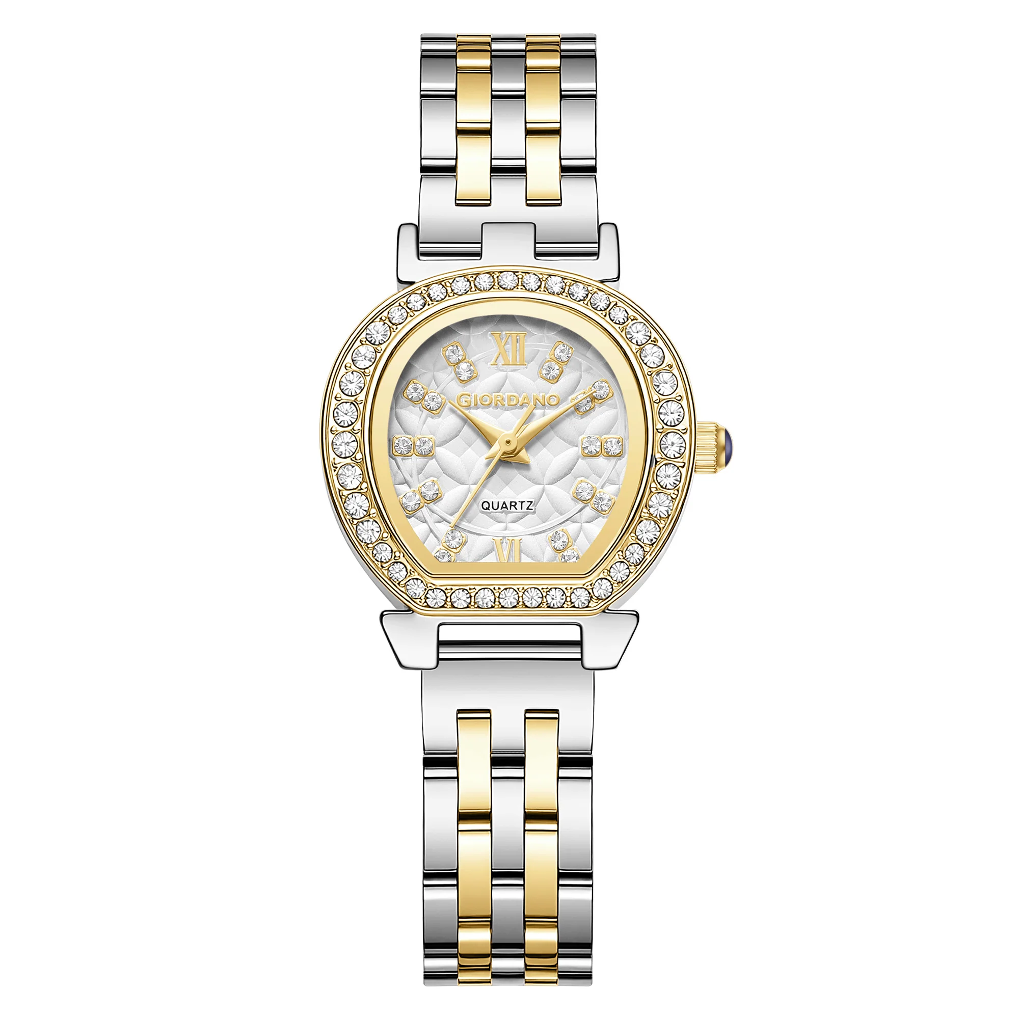 Giordano Analog Quartz Watch for Women with Bangle Set Texured Oval White Dial, Roman Indices, Blue Crown, Crystal Studded Hour Markers and Bezel, Silver and Gold Stainless Steel Strap - GZ-60154-22 - Image 9